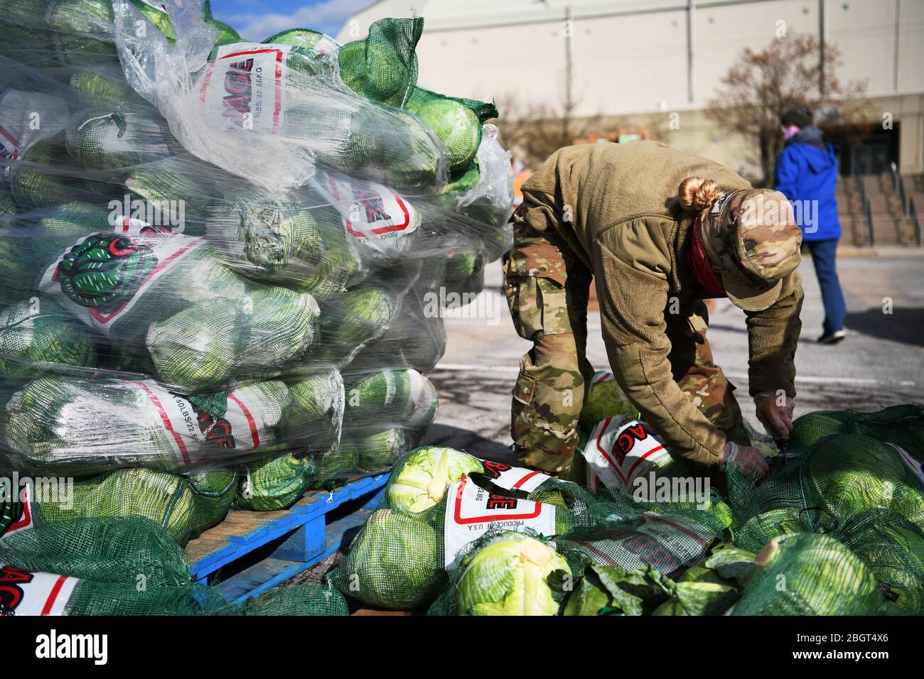Soldaten der Ohio National Guard organisieren frische Produkte in einer mobilen Speisekammer als Reaktion auf COVID-19, Coronavirus Nahrungsmittelknappheit an der Wright State University 21. April 2020 in Fairborn, Ohio. Stockfoto