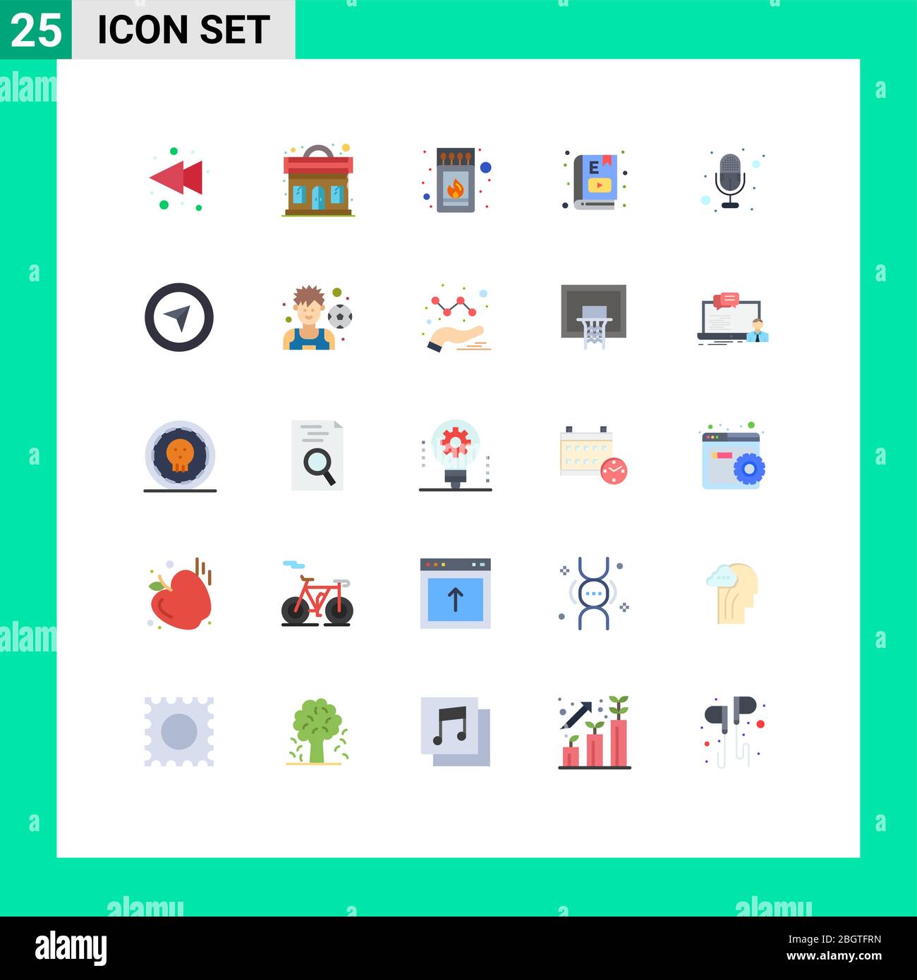 Universal Icon Symbole Gruppe von 25 modernen flachen Farben der Aufnahme, Studie, Feuer, Lernen, E-Learning editierbare Vektor Design-Elemente Stock Vektor