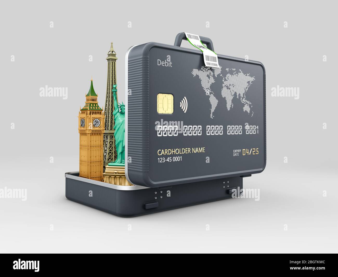 3d-Rendering der Urlaubsreise Komposition mit der offenen Tasche. Touristische Sehenswürdigkeiten Konzept, Clipping Pfad gekappt. Stockfoto