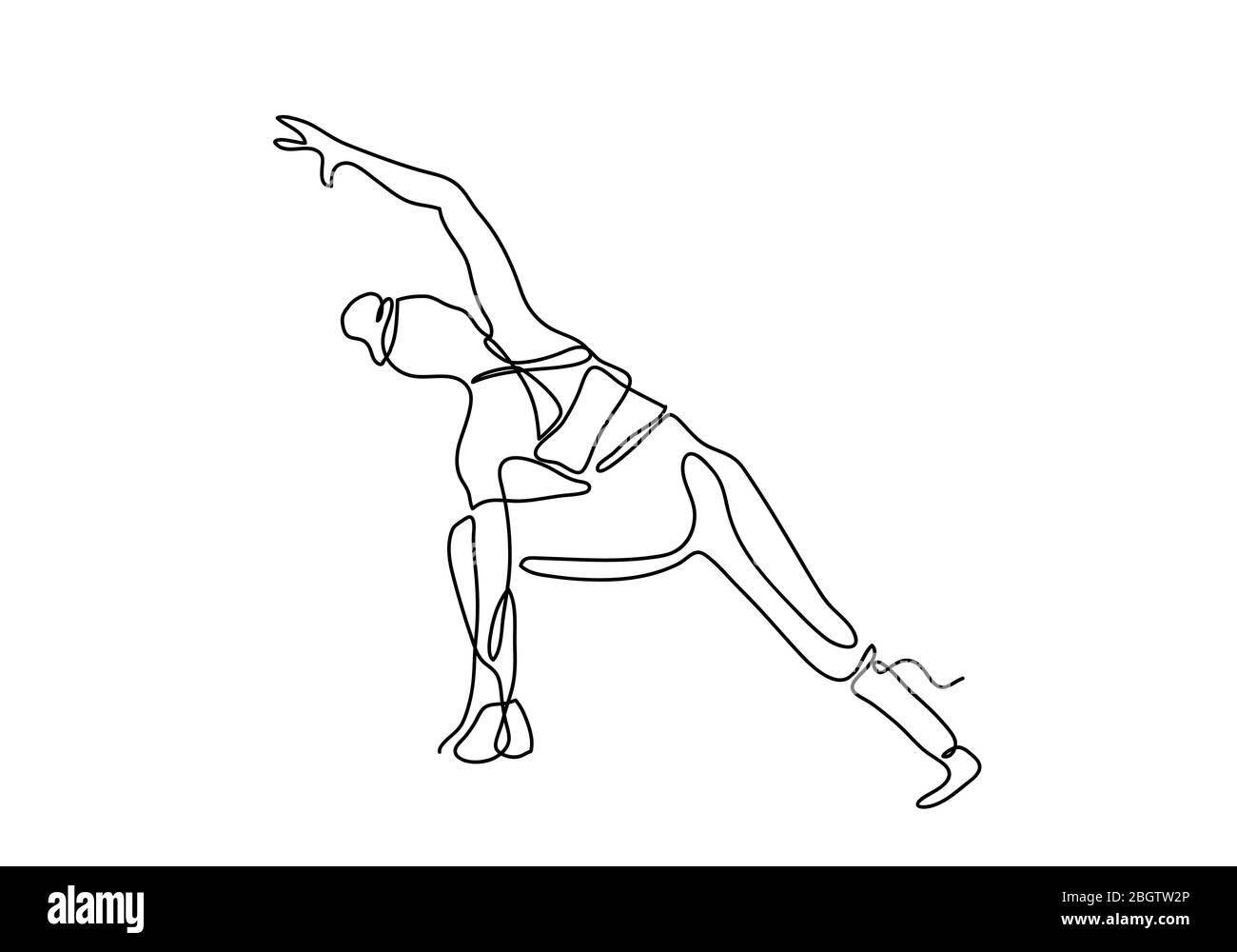 Kontinuierliche ein- oder einzeilige Zeichnung. Frau, die Übung in Yoga auf weißem Hintergrund isoliert., Stockfoto