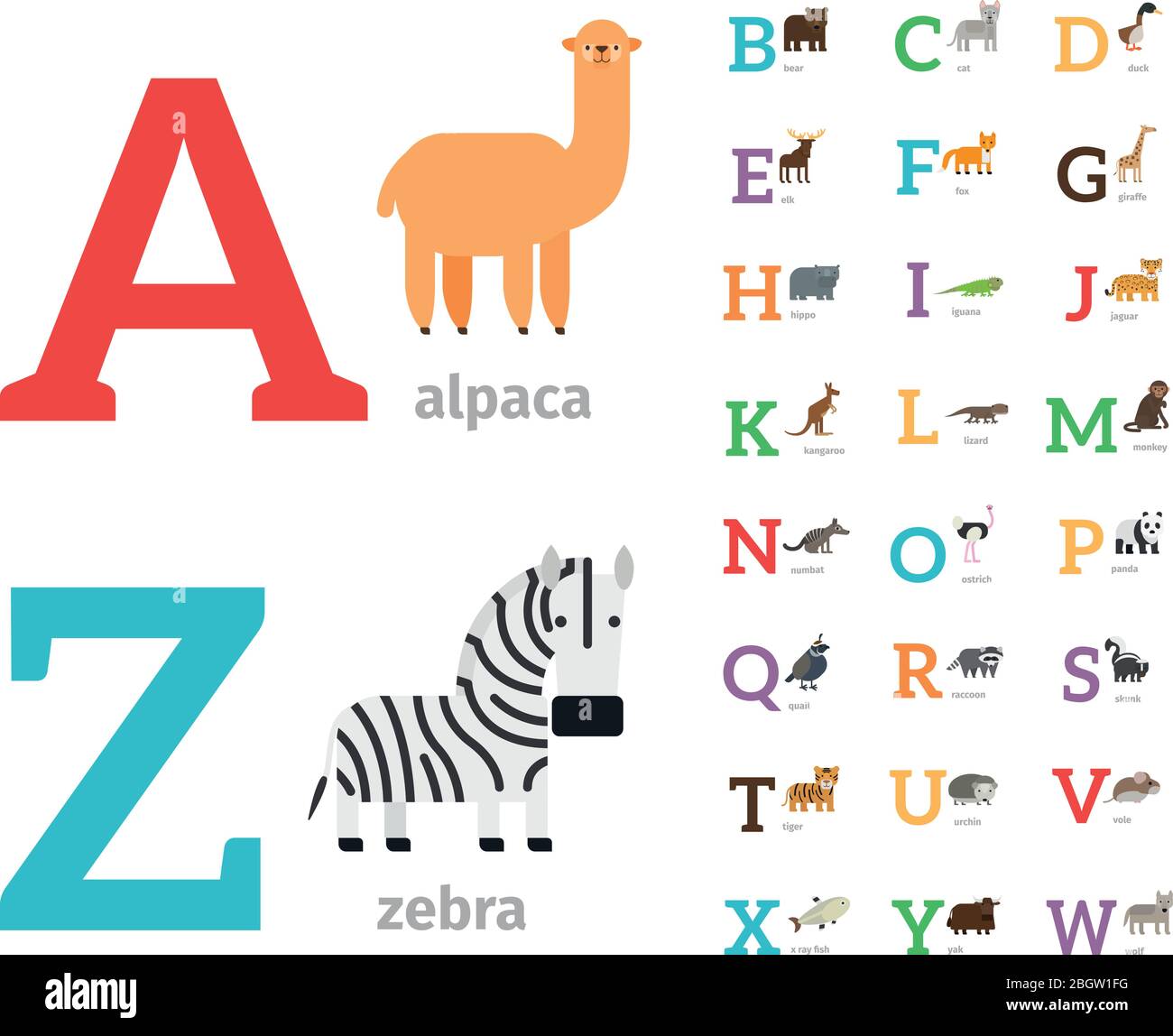 Tiere Alphabet oder Zoo Alphabet farbige Symbole. Vektorgrafik Stock Vektor