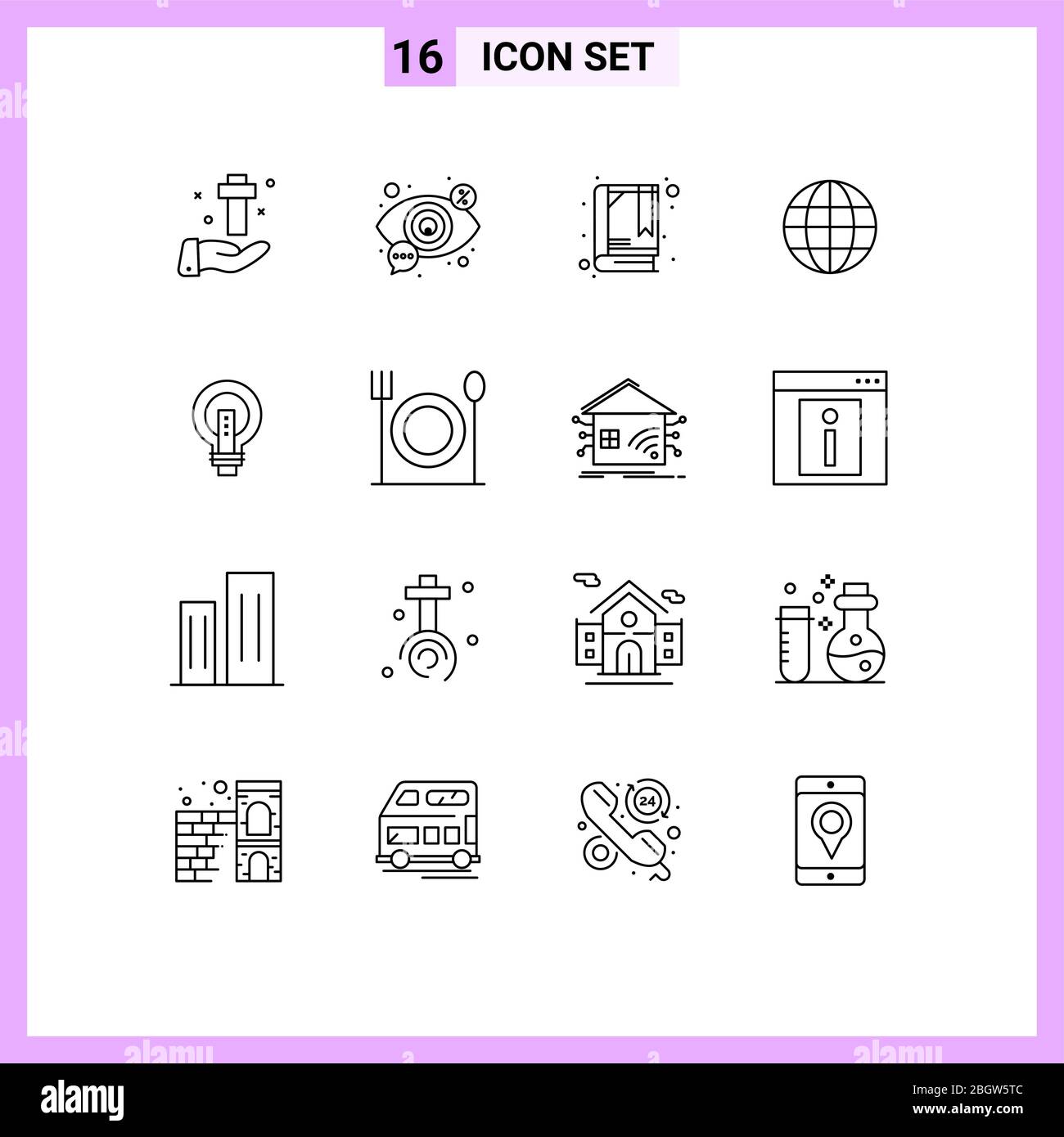Universal Icon Symbole Gruppe von 16 Moderne Konturen von Glühbirne, Karte, Ansicht, Globus, Lesezeichen editierbare Vektor Design-Elemente Stock Vektor