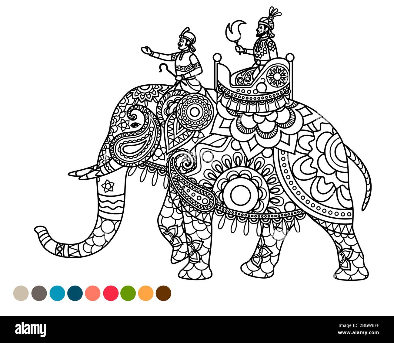 Antistress Malseite indischer Maharaja sitzt auf Elefanten verziert Mandala Ornament und Farben Proben Stock Vektor