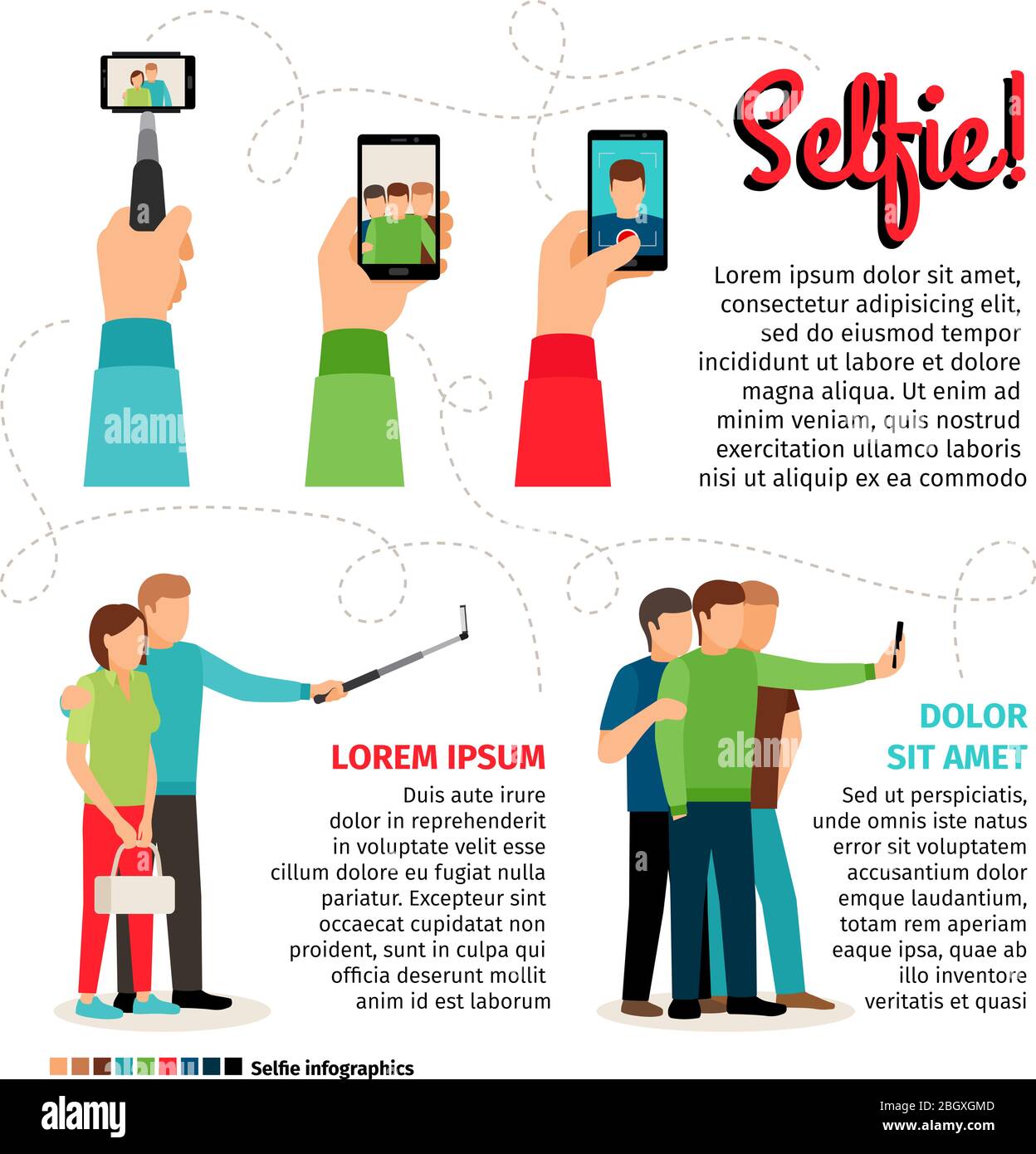 Selfie-Infografiken. Tipps für Selfie . Menschen in verschiedenen Posen mit Telefon und Einbeinstativ Stock Vektor