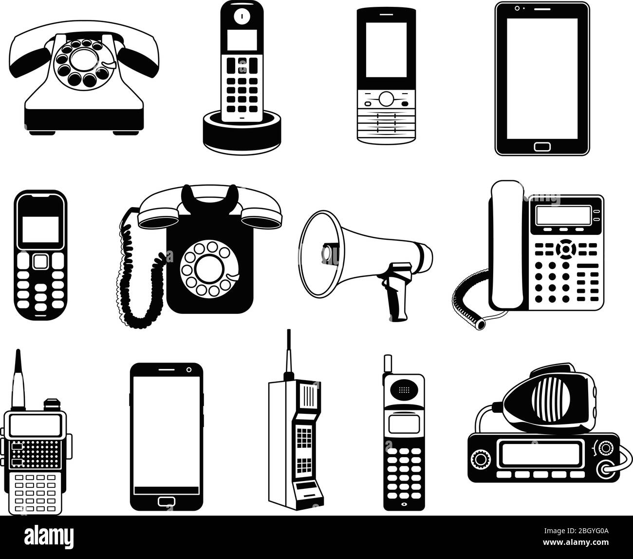 Silhouette von Telefonen und Smartphones. Vektor-Schwarzweißbilder. Abbildung von Telefon und Smartphone, Gerät Kommunikationsgerät Stock Vektor