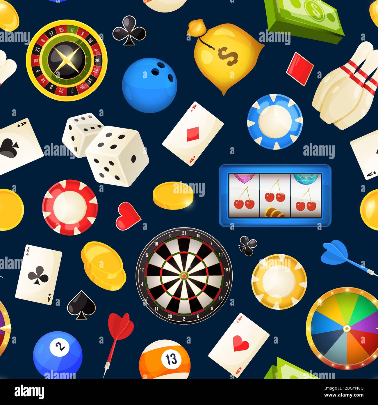Nahtlose Muster mit Glücksspiel und anderen Casino-Unterhaltung. Poker, Würfel Vektor-Illustrationen. Roulette und Bowling, Billard und Poker Stock Vektor