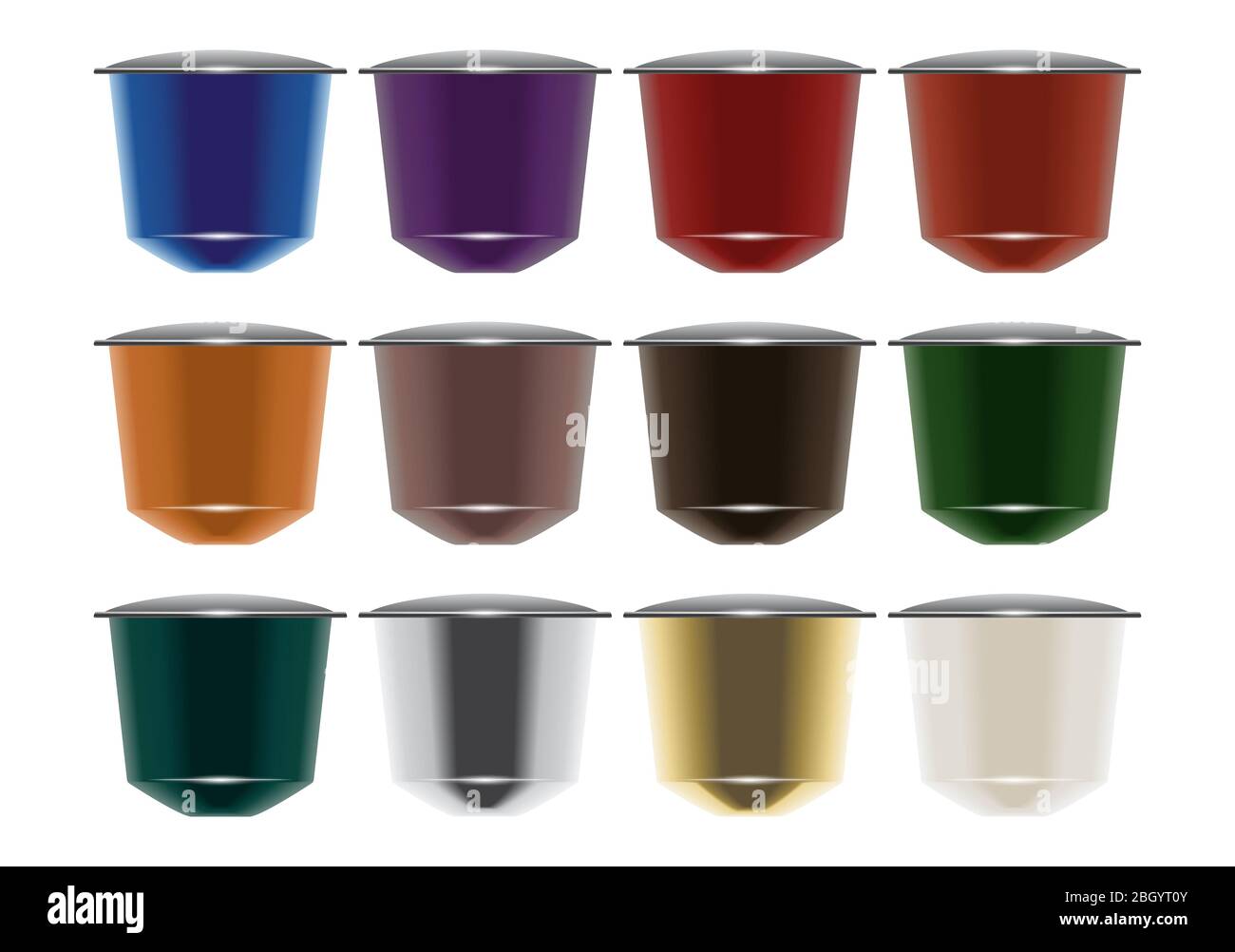 Eine Vektorgrafik einer Sammlung von farbenfrohen Instant Espresso Kaffeekapseln, die mit Folie versiegelt sind Stockfoto