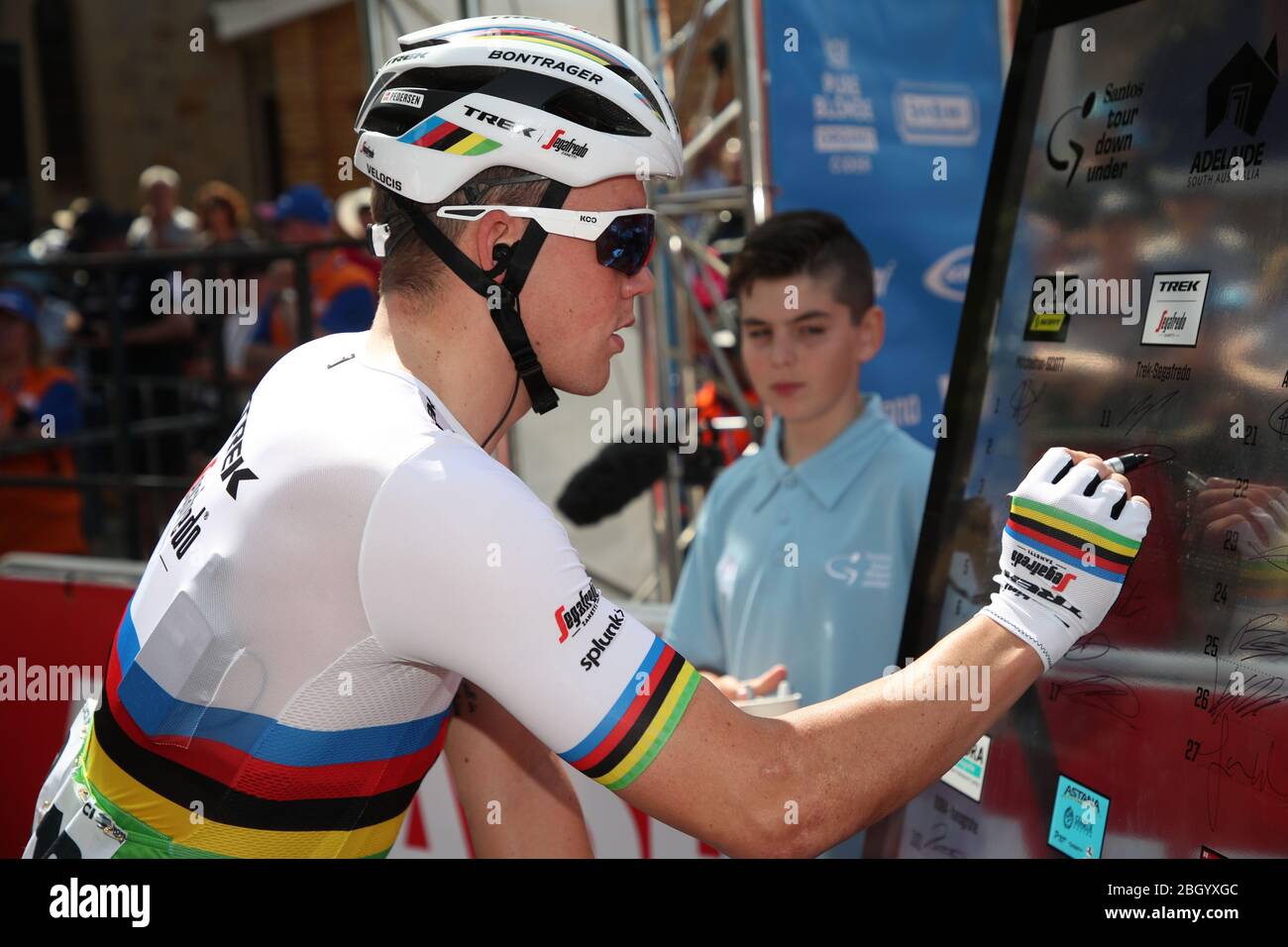 ADELAIDE, SOUTH AUSTRALIA - 21. JANUAR 2020: Mads Pedersen aus Dänemark und Trek-Segafredo bei der Etappe 1 von Tanunda nach Tanunda der 22. Santos Tour D Stockfoto