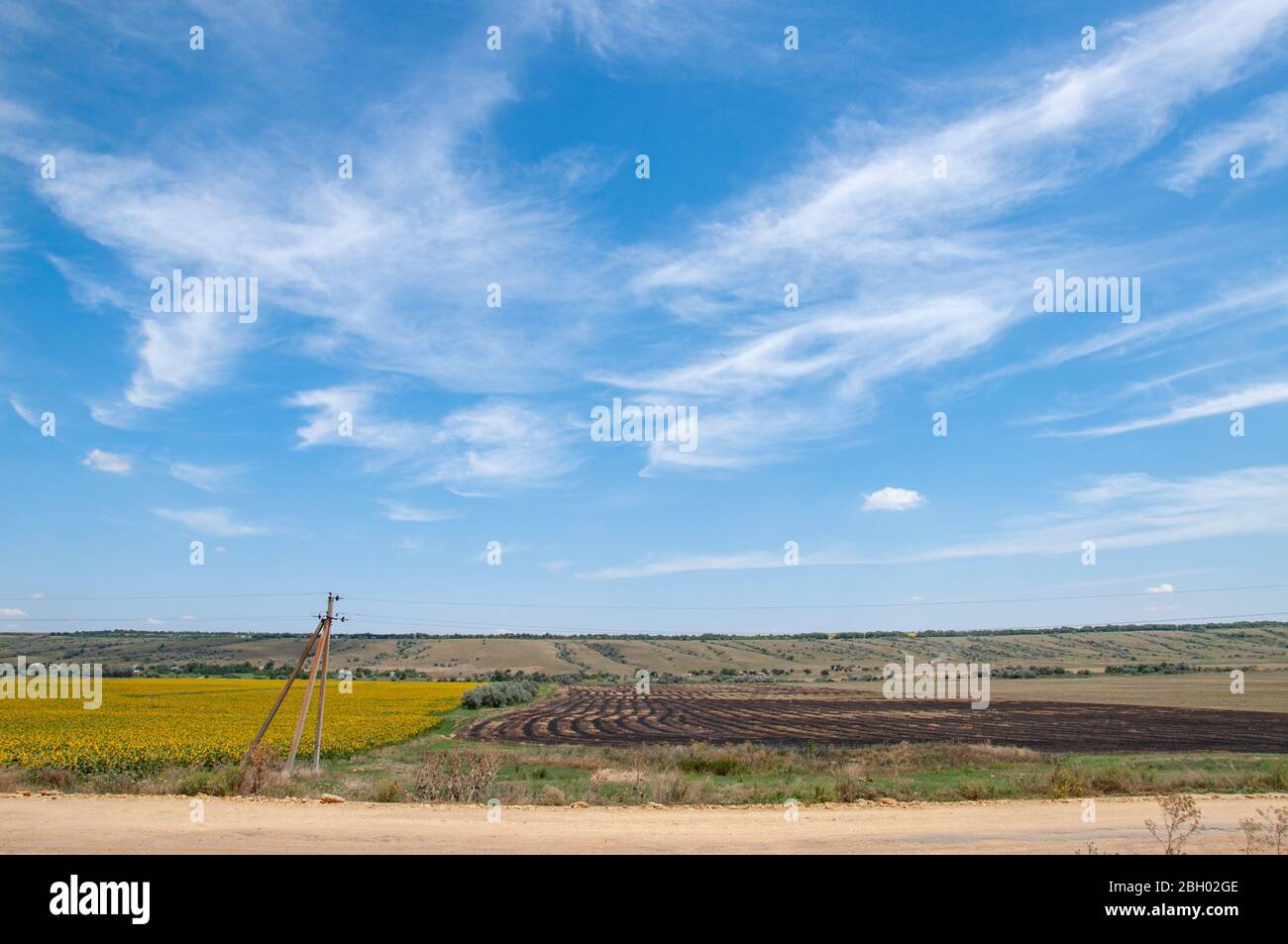 Ländliche Landschaft mit landwirtschaftlichen Feldern und klarem blauen Himmel mit weißen Spindrift Wolken. Sommer idyllische Aussicht auf Ackerland in der Ukraine. Stockfoto