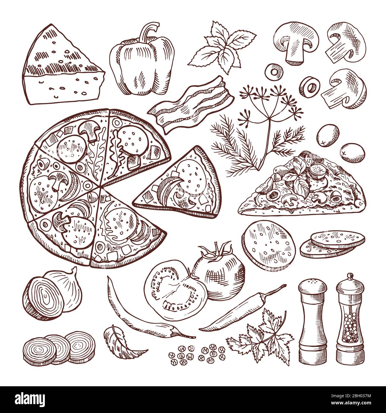 Italienische Pizza mit verschiedenen Zutaten. Vector Doodle Set Pizza und Käse, Tomatengemüse und Zutat Illustration Stock Vektor