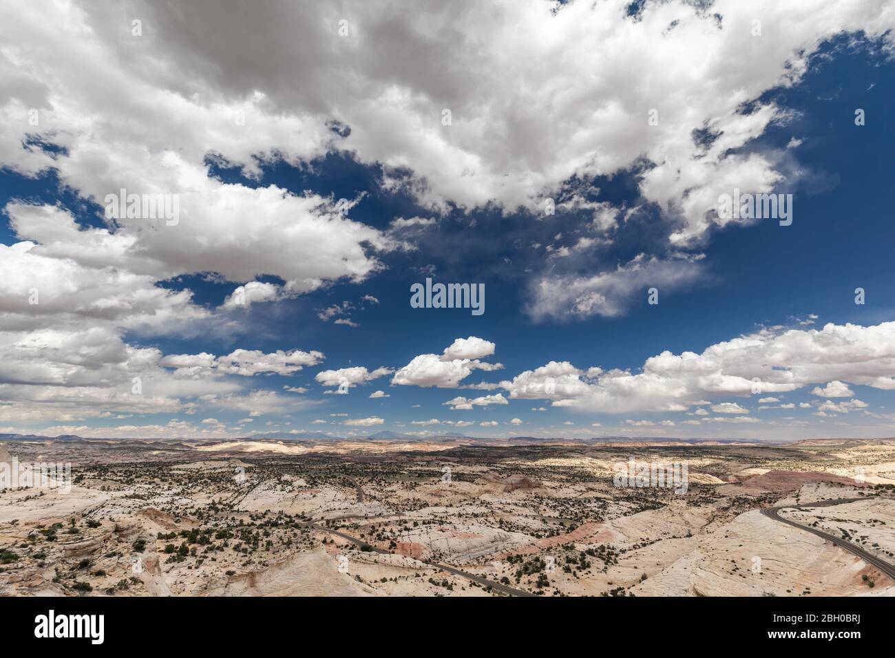 Eine weite Wüstenlandschaft erstreckt sich bis zum Horizont darunter Ein blauer Himmel mit geschwollenen Wolken Stockfoto