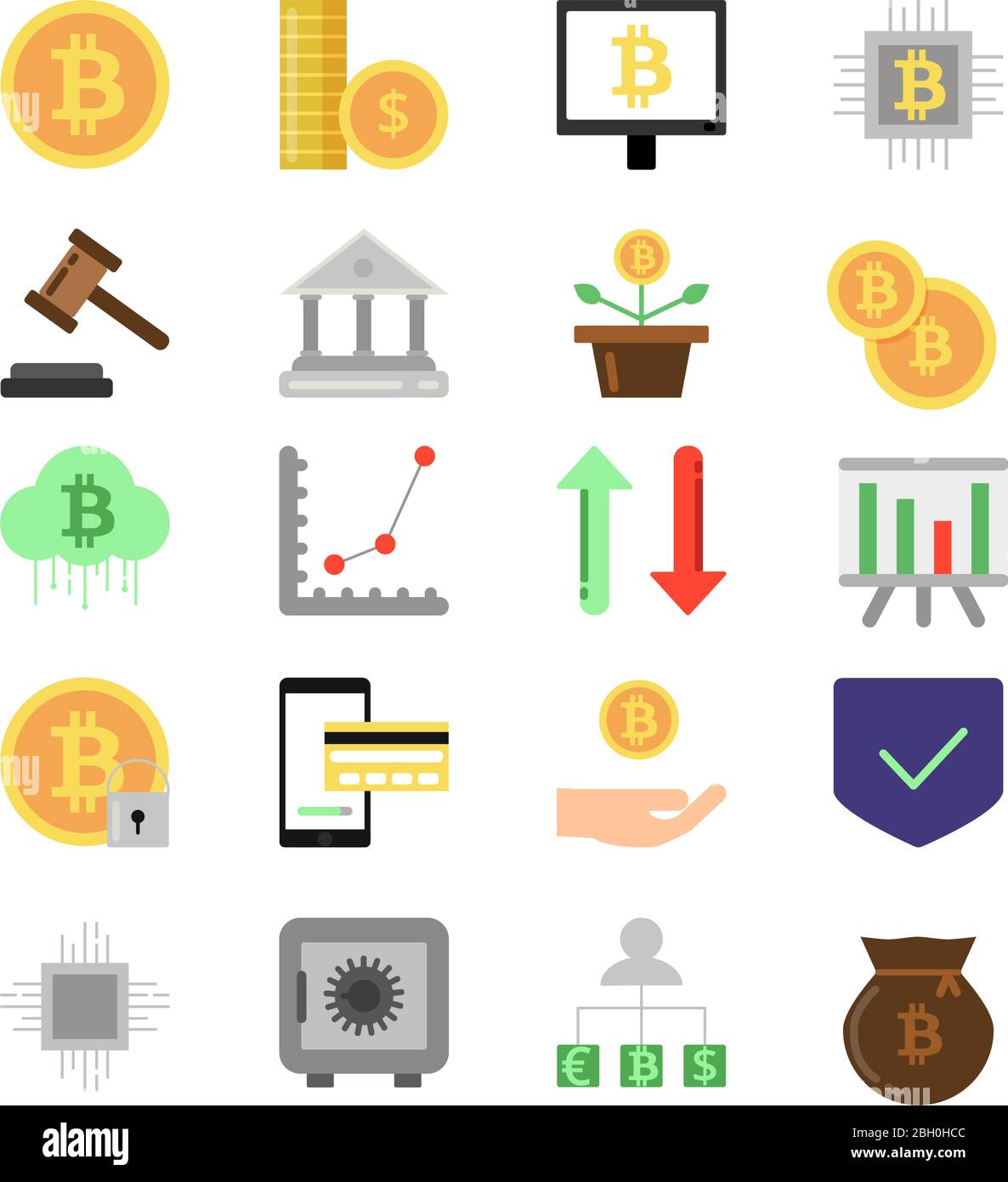 Bilderset mit verschiedenen Symbolen von Finanzen und Wirtschaft. Digitales Geld, Münzen und Kryptowährung Icon Set. Bitcoin Mining und Exchange. Vektor-Abb. Stock Vektor