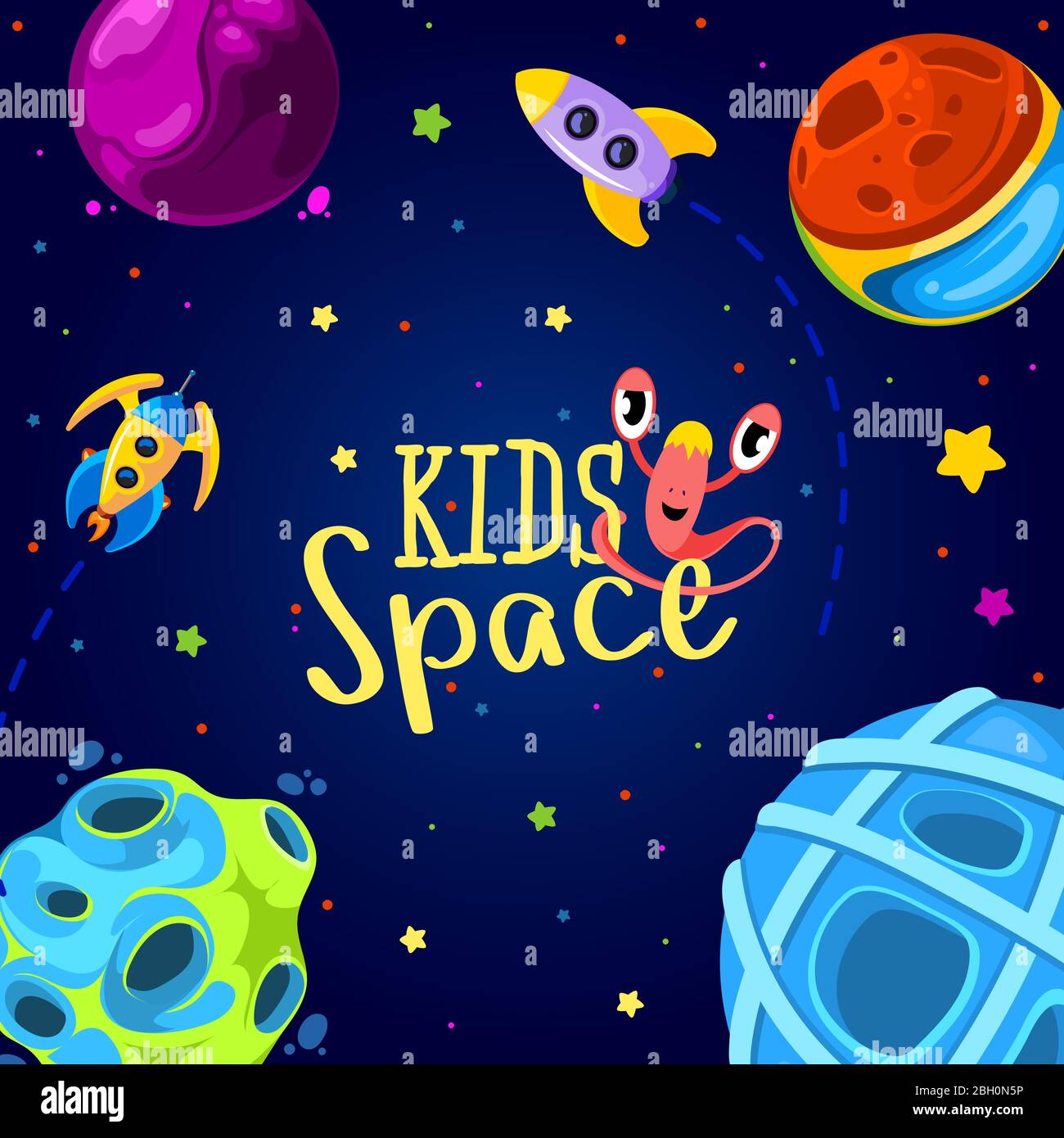 Raumrahmen. Vektorgrafik. Kinder Hintergrund im Cartoon-Stil. Monster im Weltraum Stock Vektor