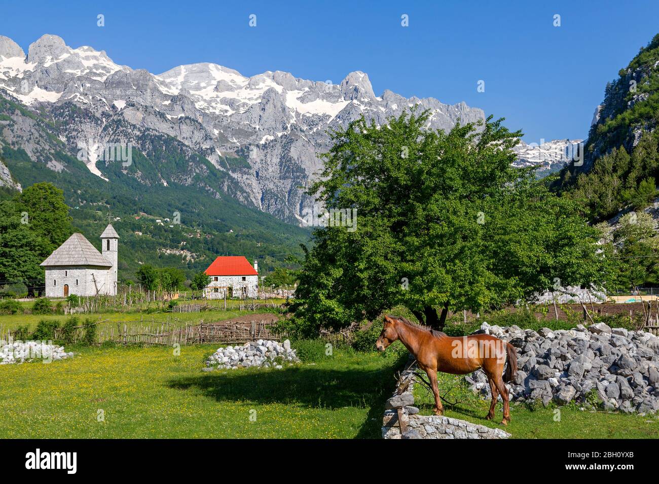 Theth Bergdorf auch bekannt ist Thethi Dorf, in der Theth-Tal, Albanien Stockfoto
