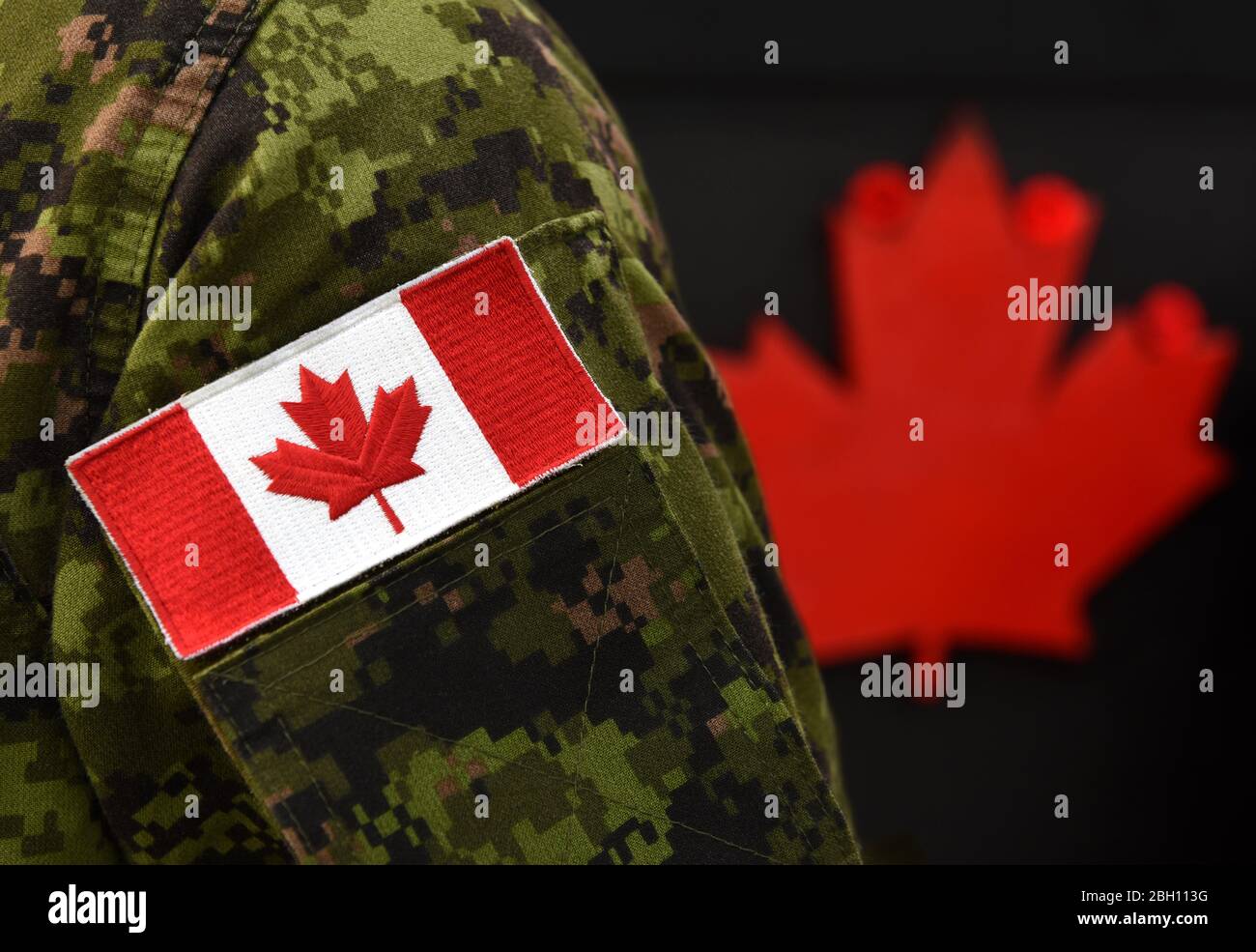Canada Day. Flagge von Kanada auf der Uniform und Red Maple Leaf auf dem Hintergrund. Kanadische Soldaten. Armee von Kanada. Kanada Blatt. Erinnerung D Stockfoto