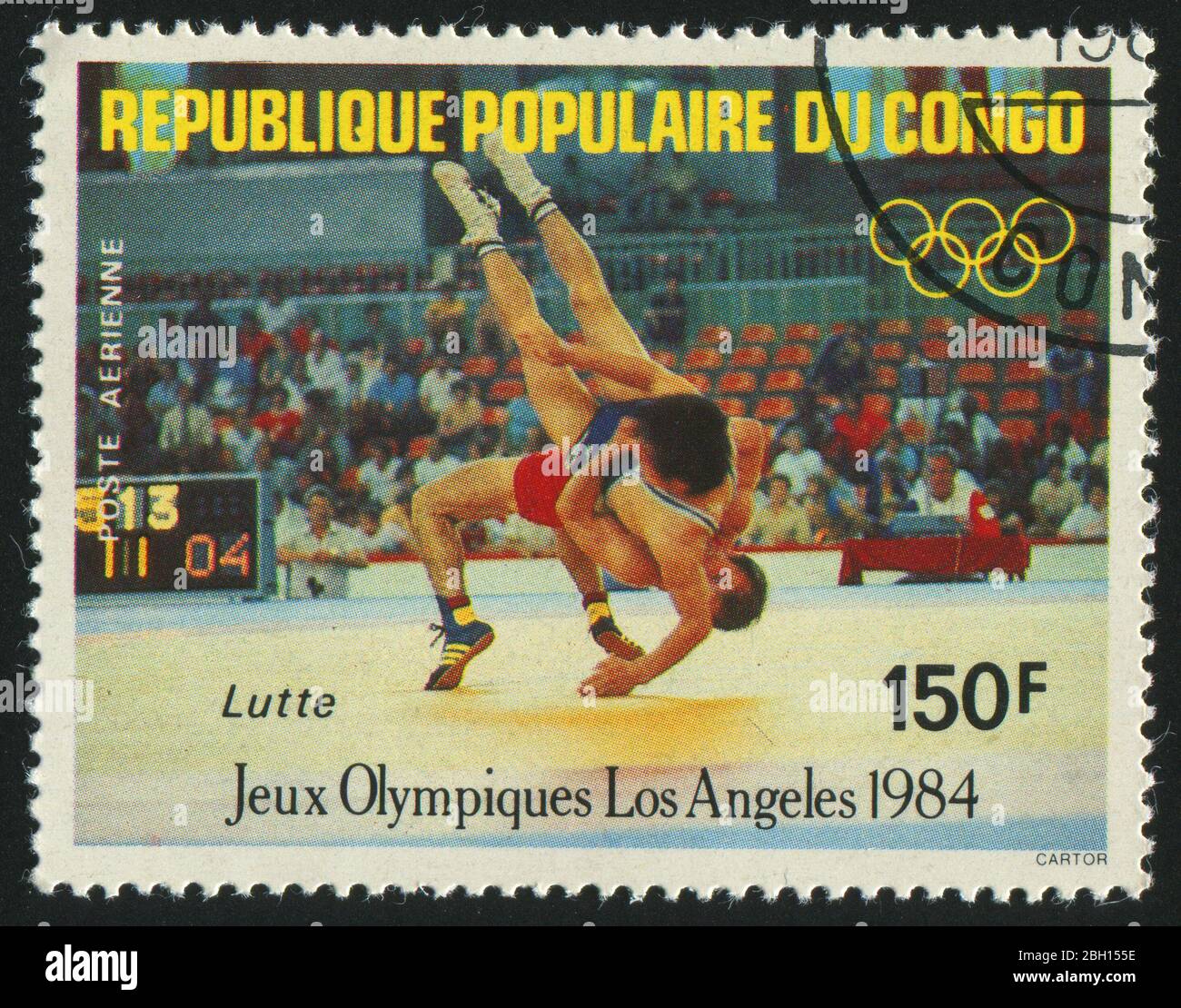 KONGO - UM 1984: Briefmarke gedruckt von Kongo, zeigt 1984 Olympische Sommerspiele, Los Angeles. Ringen, um 1984. Stockfoto