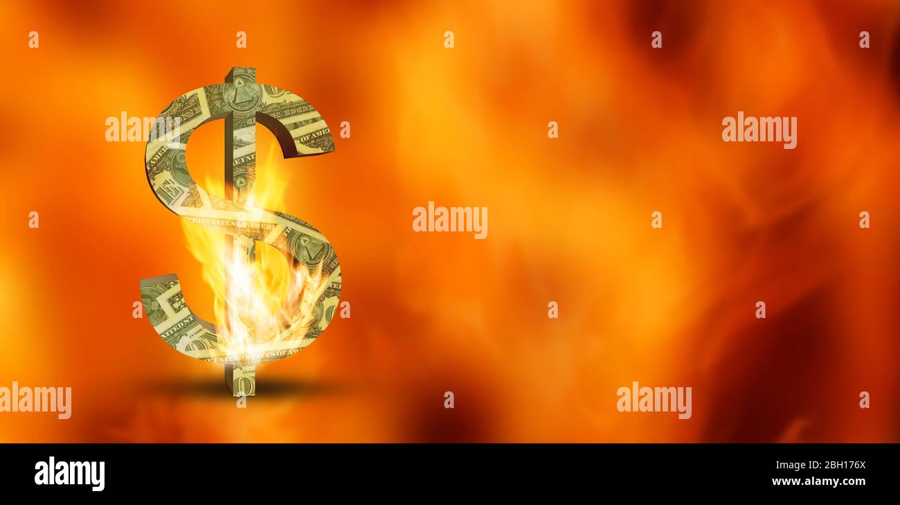 Brennendes 3d Dollar Zeichen auf abstraktem Feuer Hintergrund - 3d-Illustration Stockfoto