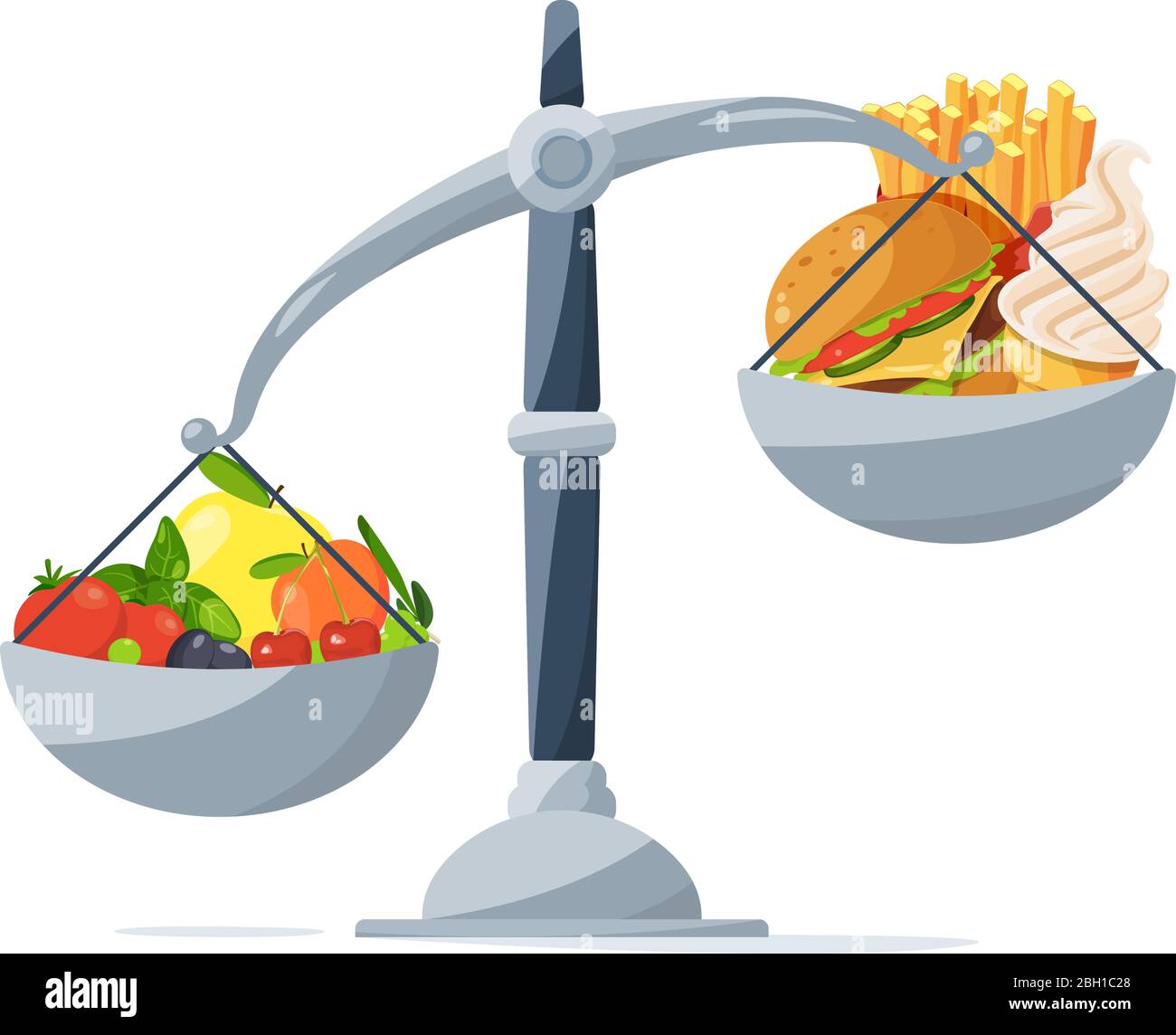 Gesunde Ernährung und Fast Food auf der Waage. Wählen Sie, dass Sie essen. Vektorbild im Cartoon-Stil Lebensmittel für gesunde auf Skala und Hamburger Illustration Stock-Vektorgrafik