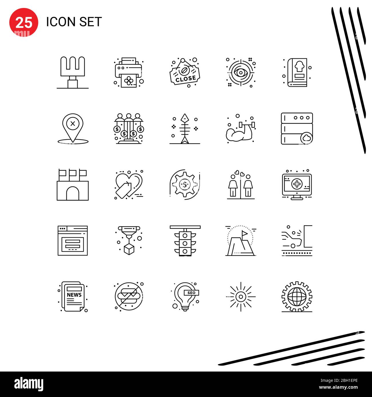 25 User Interface Line Pack moderner Zeichen und Symbole der Küche, Kochen, Zeichen, Buch, Ziel editierbare Vektor Design-Elemente Stock Vektor