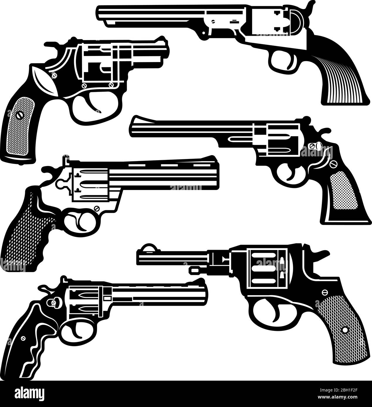Monochrome Illustrationen von Retro-Waffen. Revolvers Vintage-Waffen. Vektorbilder gesetzt. Revolver Pistole und Waffe monochrom schwarz, Pistole klassischen Cowbo Stock Vektor
