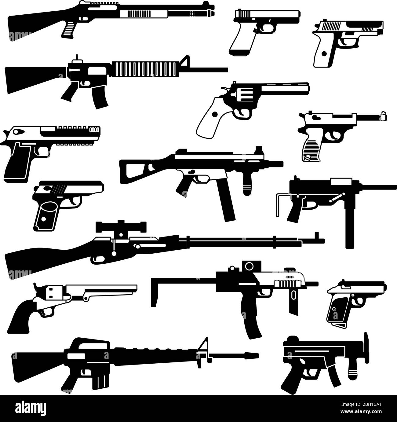 Militärische Set von automatischen Waffen, Pistolen und andere Waffen. Monochrome Illustrationen isolieren. Automatische Waffe und Gewehr schwarz weiß Stil Stock Vektor