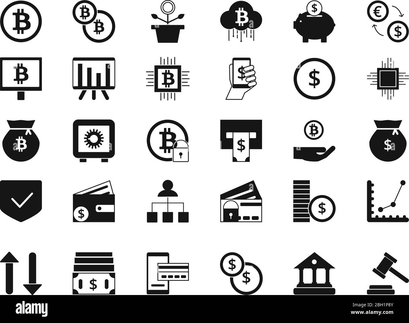 Münzen, Bitcoin, digitales Geld und andere Symbole der Finanzen. Vektor Silhouette Satz von Business-Symbole. Illustration von Bitcoin Währung, Geld Kryptowährung Stock Vektor