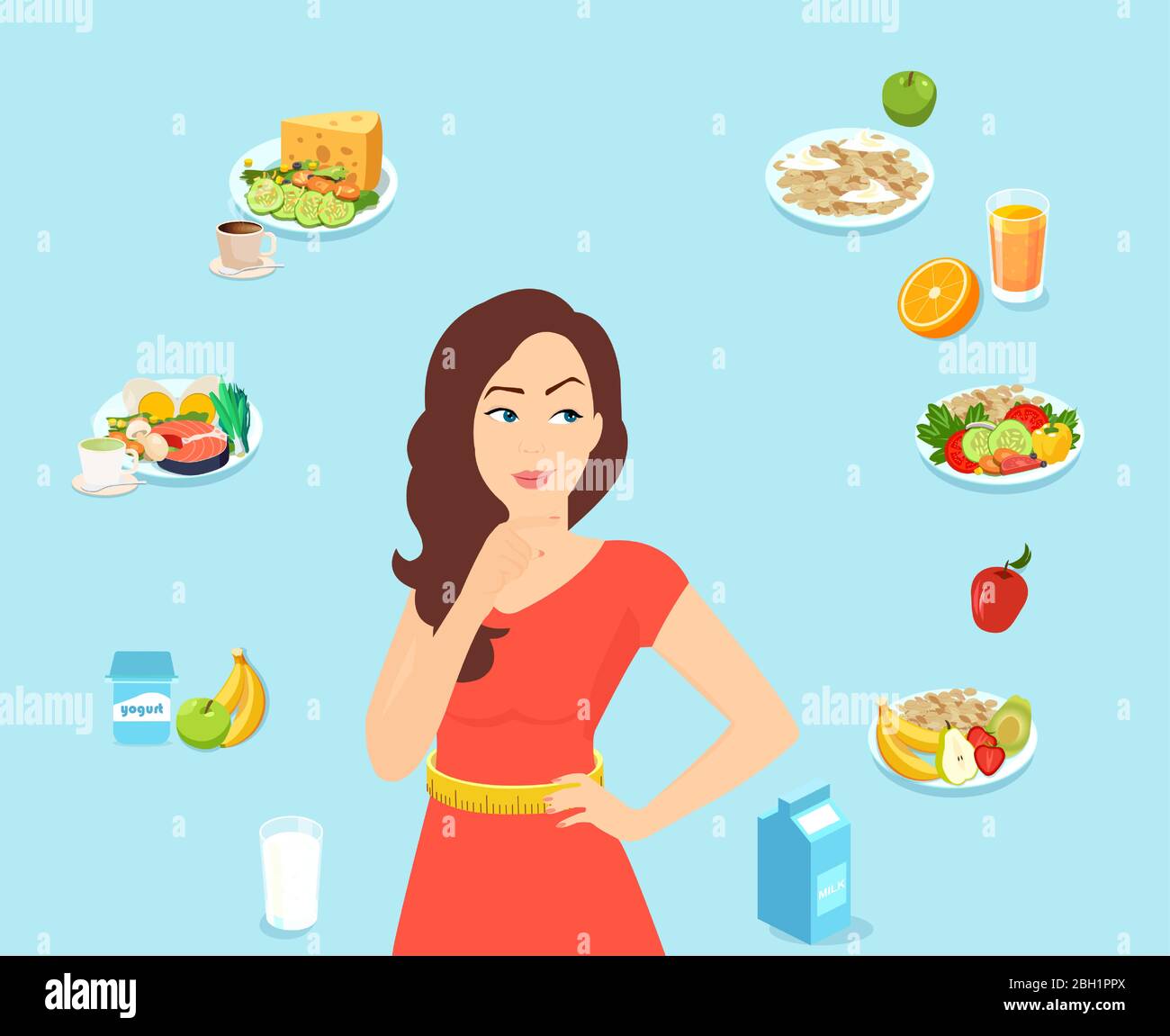 Vector of a Fit Frau Denken Sie an eine Diät-Plan, tägliche Menü Stock Vektor