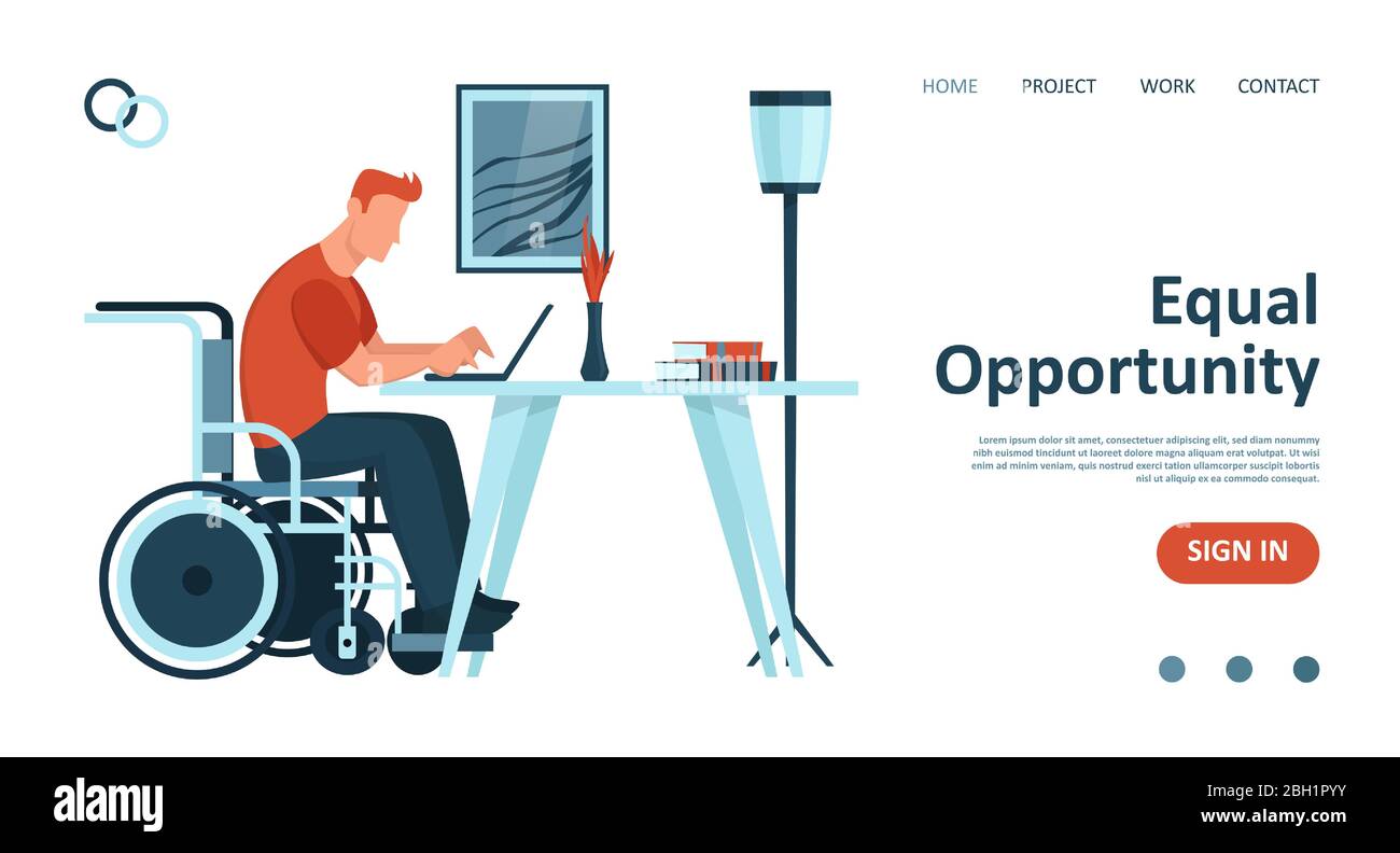 Vektor eines behinderten Mannes im Rollstuhl sitzt auf Laptop von zu Hause aus. Konzept für behinderte Menschen und Chancengleichheit. Stock Vektor