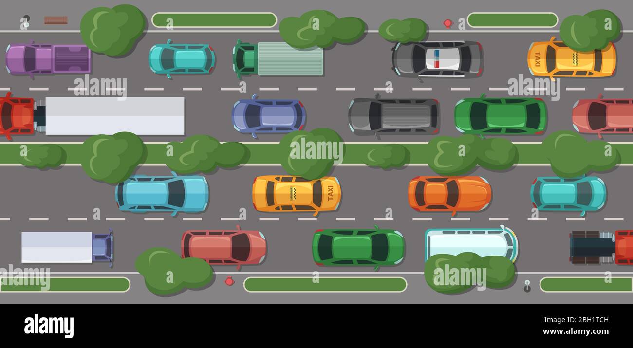 Vector Autobahn mit vielen Autos und Fahrzeuge mit Gras und Bäumen teilen und am Seitenlinie Draufsicht Abbildung Stock Vektor