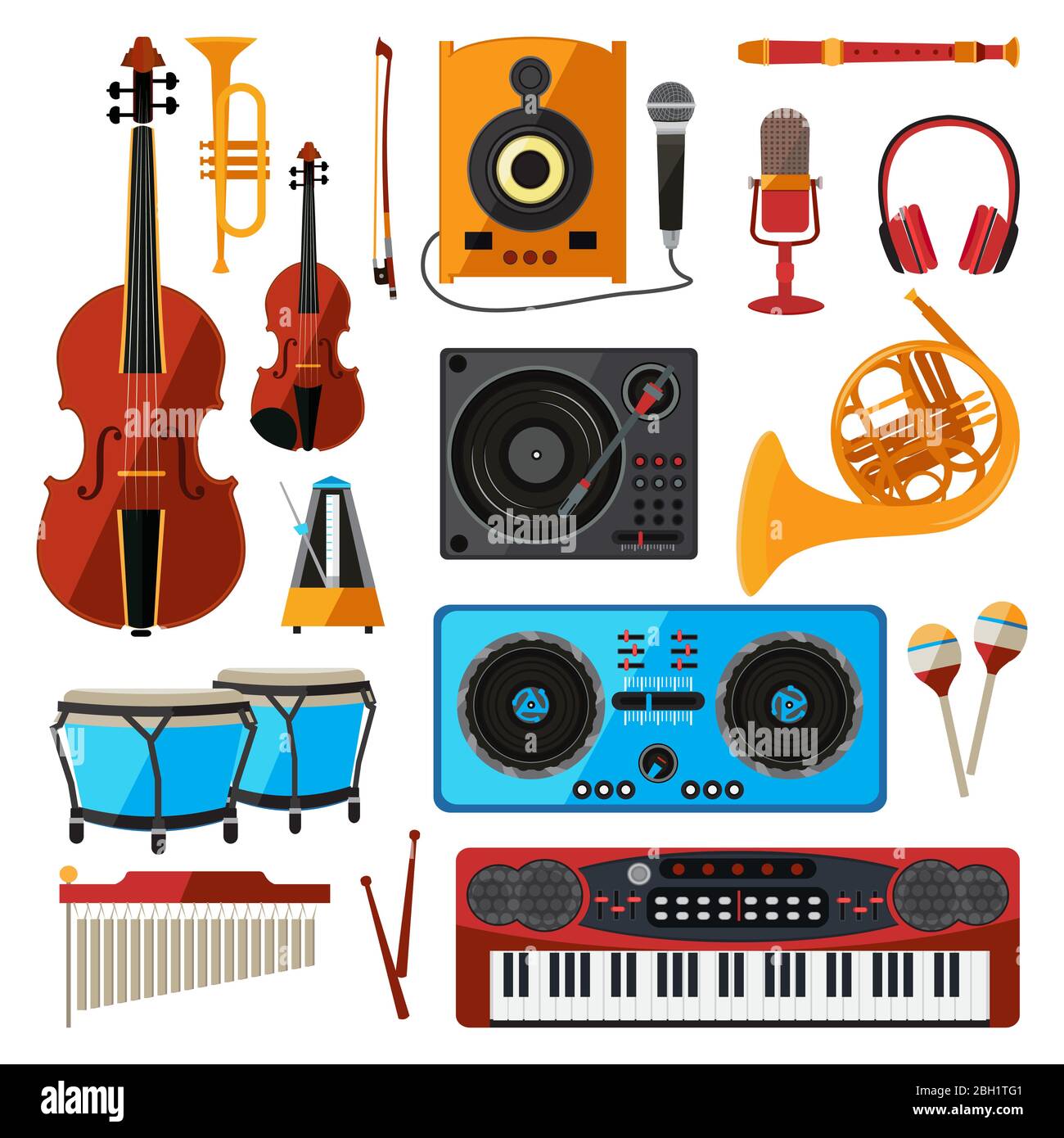 Musikinstrument isolieren auf weiß. Musikausrüstung für Tonstudio oder Shop. Gitarren, digitale Spieler, Bas Verstärker und andere. Gitarre und Ausrüstung Stock Vektor