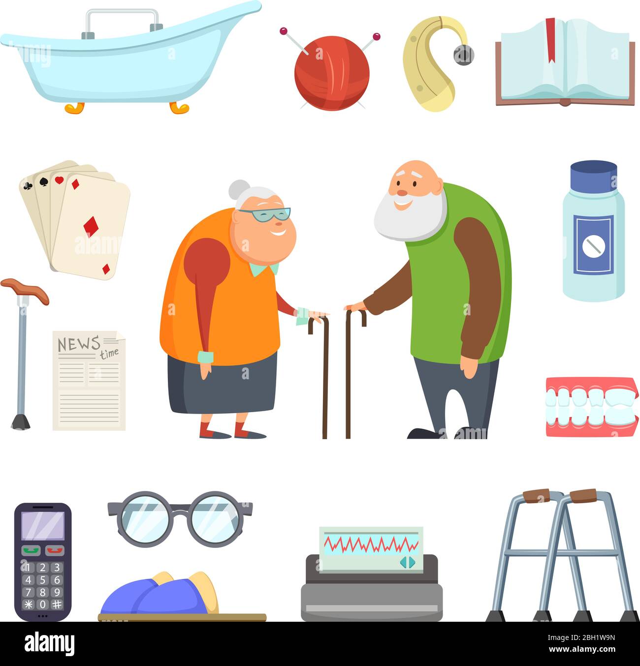 Altes Paar mit Assistenten Werkzeuge. Vektor-Illustrationen im Cartoon-Stil gesetzt. Ältere Menschen kümmern, medizinische Krücke und helfen, Gesundheit, Hilfe und s Stock Vektor