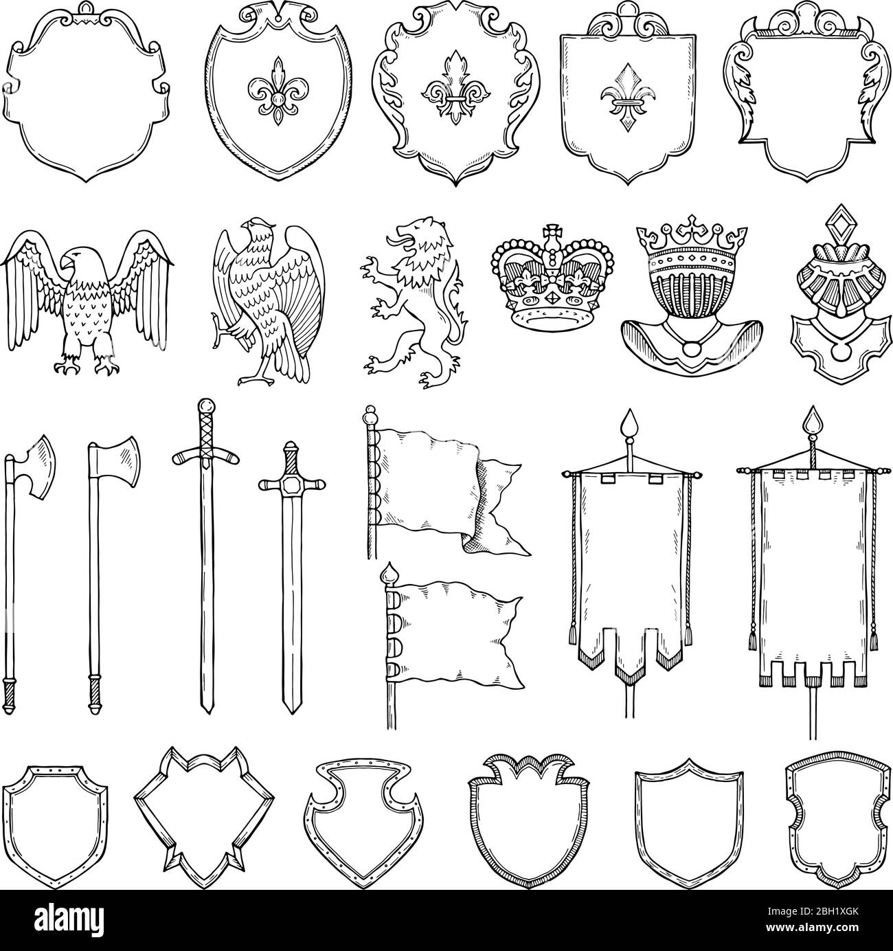 Mittelalterliche heraldische Symbole isolieren sich auf Weiß. Handgezeichnete Vektorgrafiken. Mittelalterliches Emblem königliche Krone und altes Schwert Stock Vektor