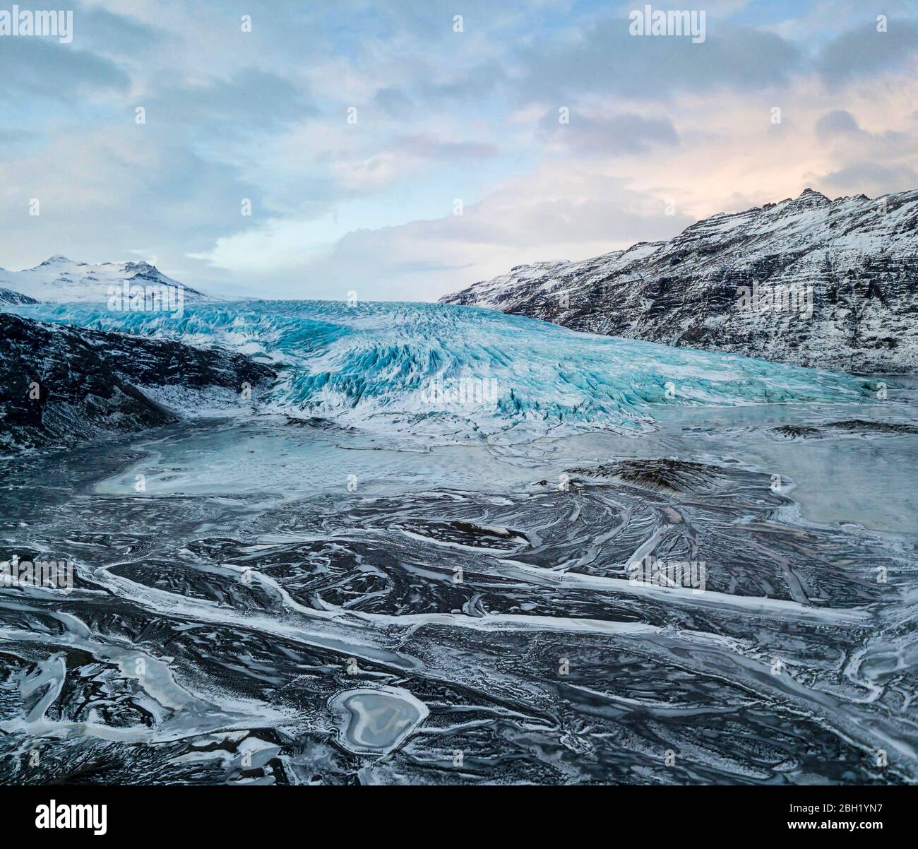 Island, gefrorene Landschaft des Flaajokull Gletschers Stockfoto