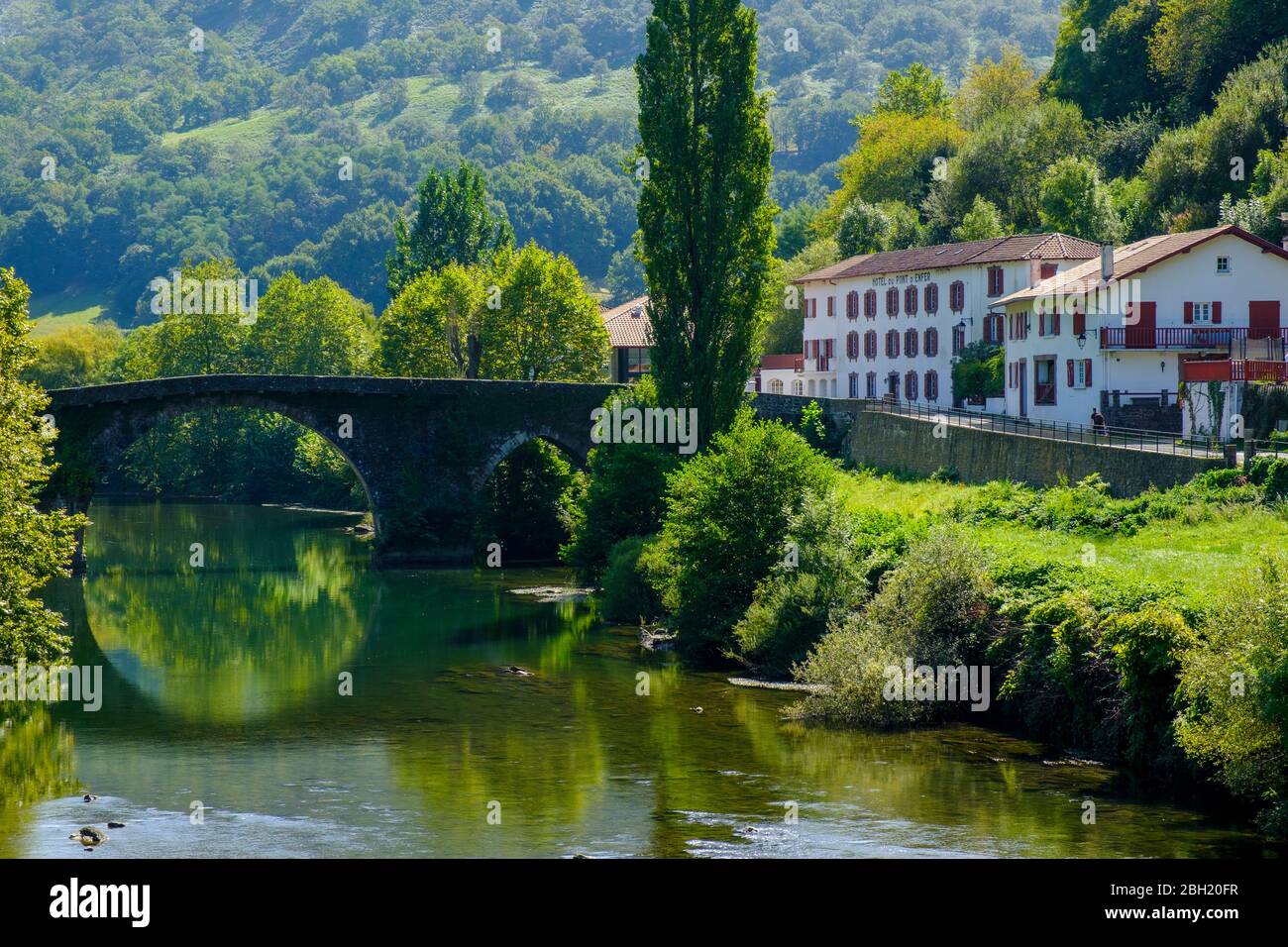 Frankreich, Pyrenees-Atlantiques, Bidarray, Bogenbrücke über den Fluss Nive mit Dorfhäusern im Hintergrund Stockfoto