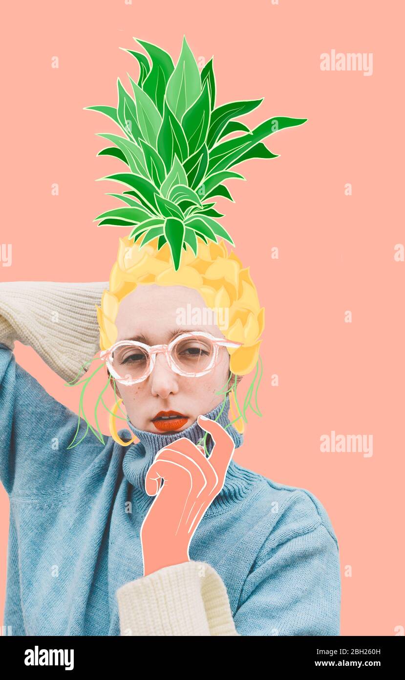 Foto-Illustration von Frau mit Ananas auf dem Kopf Stockfoto