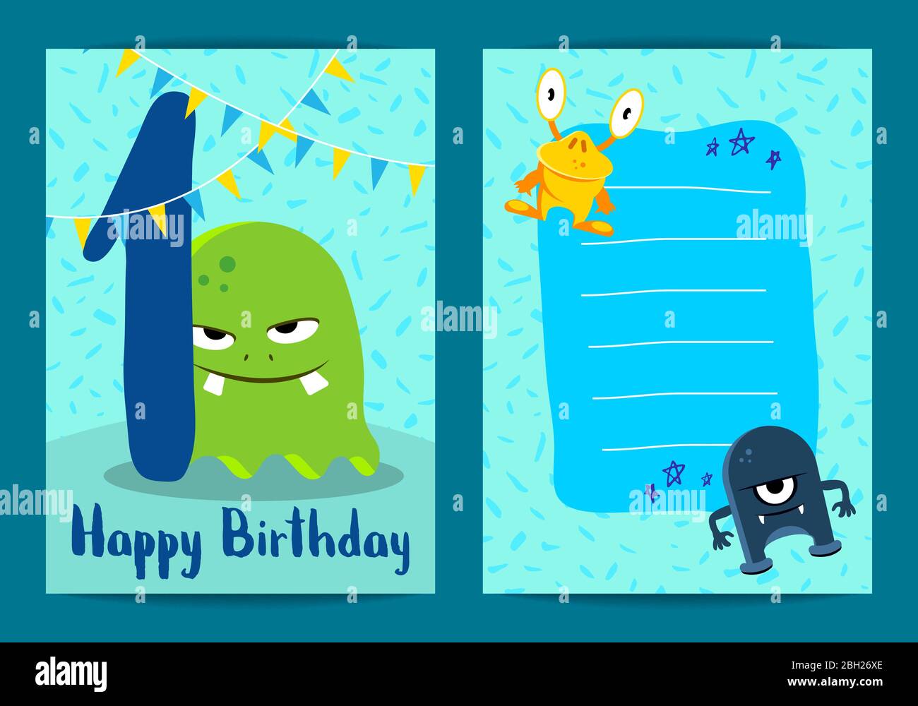 Vektor Kinder glücklich Geburtstagskarte mit niedlichen Cartoon Monster,  Girlande und Alter ein Jahr Illustration Stock-Vektorgrafik - Alamy