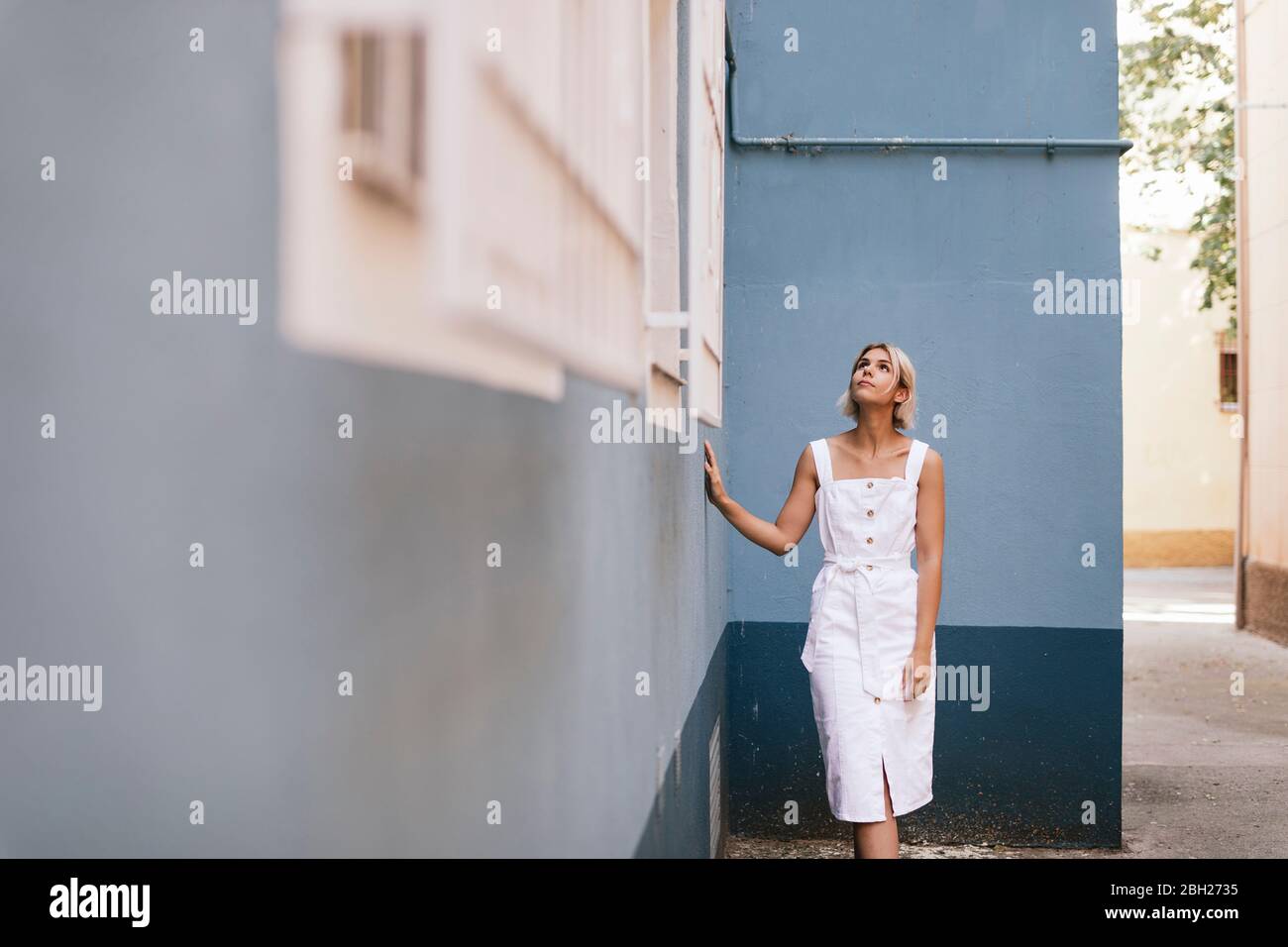 Portrait der jungen Frau trägt weißen Sommerkleid suchen nach oben Stockfoto