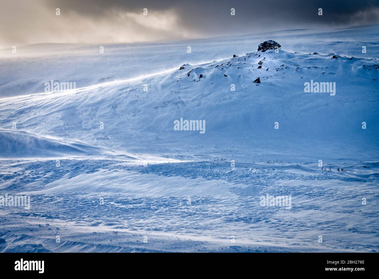 Schneebedeckte Wildnis, im Winter Nordostisland. Früher Abend mit niedriger Sonne und starkem Wind, der Spindrift hochtreibt Stockfoto