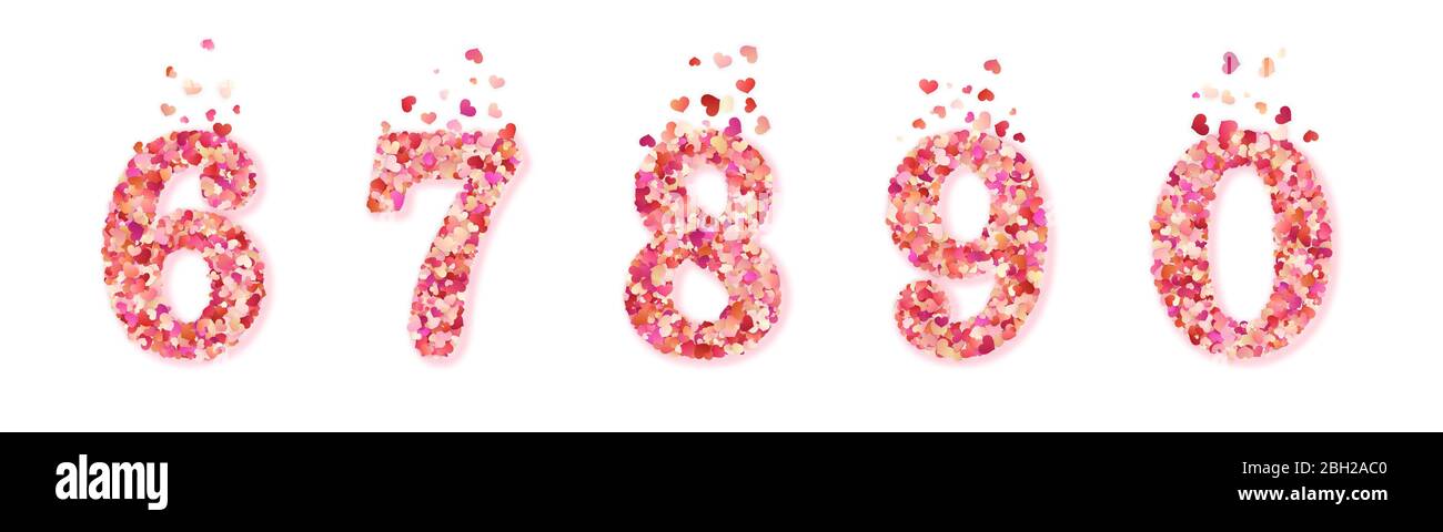 Set Valentinstag bunte dekorative Herzen Konfetti Zahlen. Isoliert auf weißem Hintergrund. EPS 10 Stock Vektor