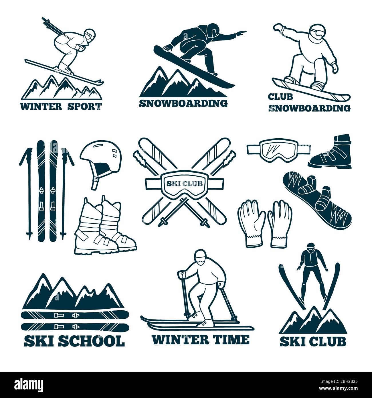 Etiketten Set für Club of Skifahrer. Silhouette der Skisportler. Symbole des Wintersports für Logos Design. Ski Sport Club Abzeichen, Stick und Snowboard illustrr Stock Vektor