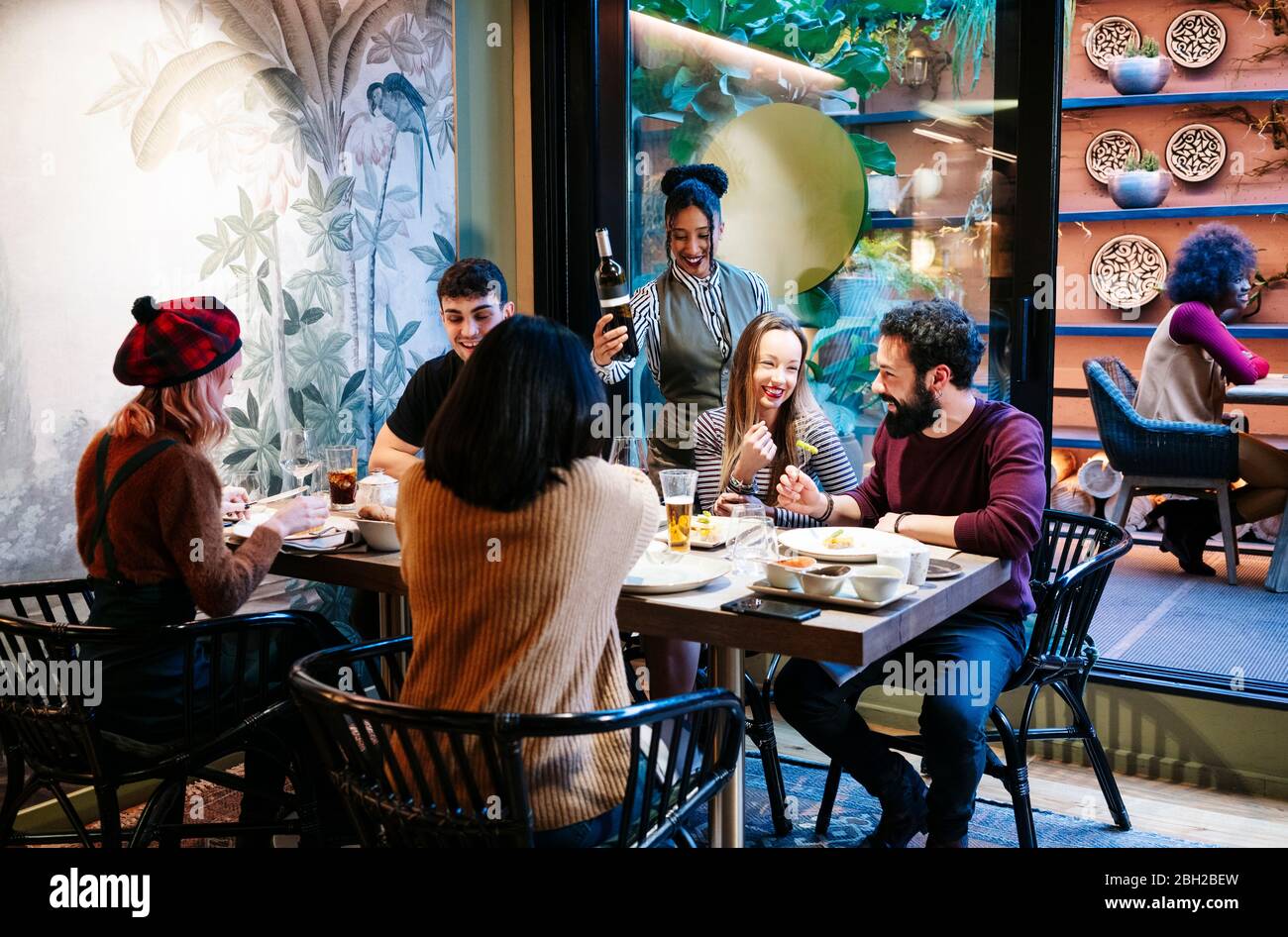 Freunde, die in einem schicken Restaurant zu Abend essen und Wein trinken Stockfoto