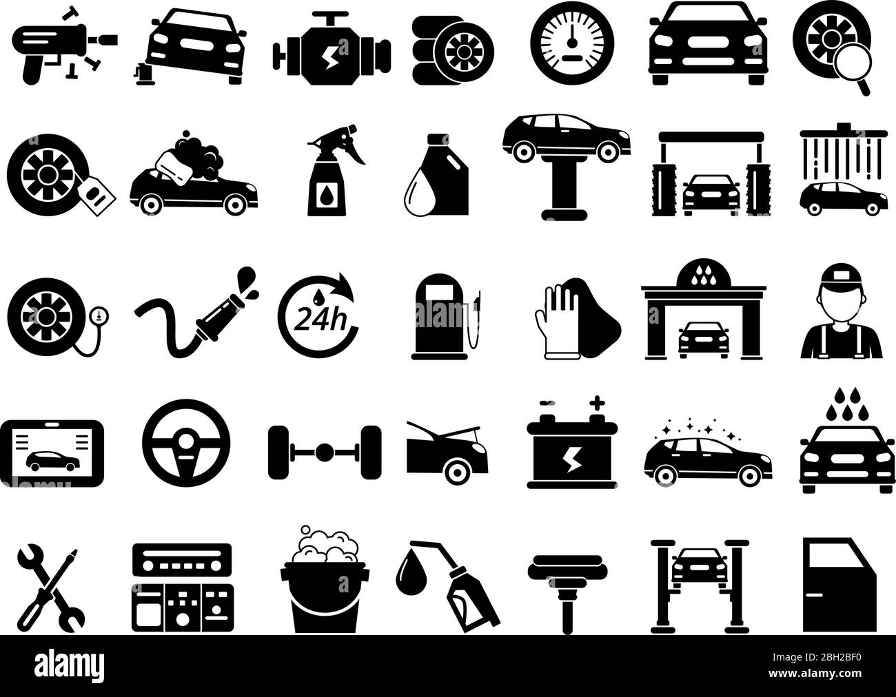 Verschiedene Details des Automobils. Symbole für Mietwagendienste gesetzt. Monochrome Vektorbilder isolieren sich auf Weiß. Sammlung von Ikonen Automobil-Reparatur-Service il Stock Vektor