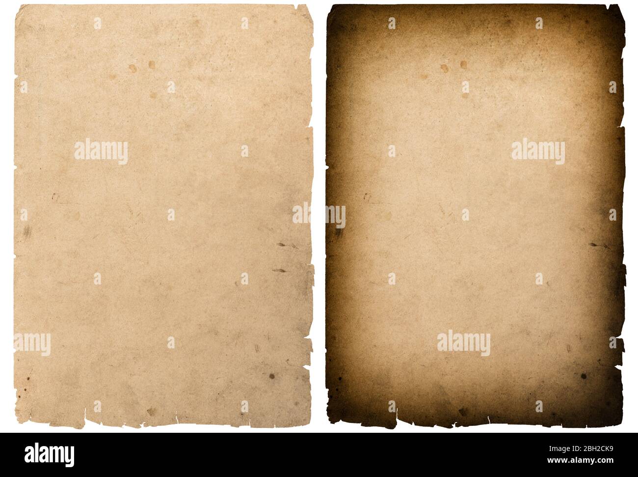 Gebrauchter Papiervorschnitt mit abgerissenen Kanten und Vignette isoliert auf weißem Hintergrund Stockfoto