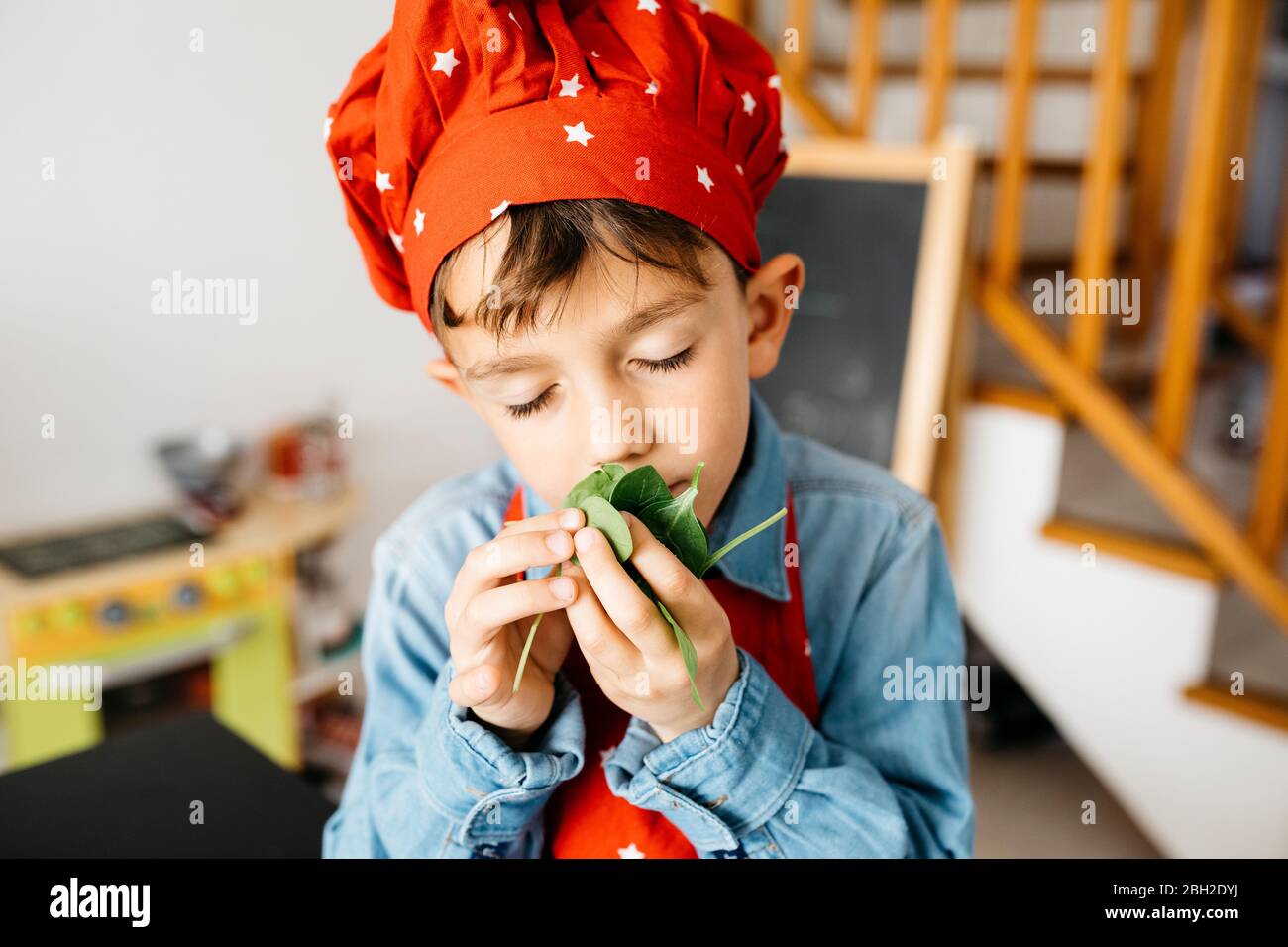 Junge riecht an fesh Blätter in der Küche Stockfoto