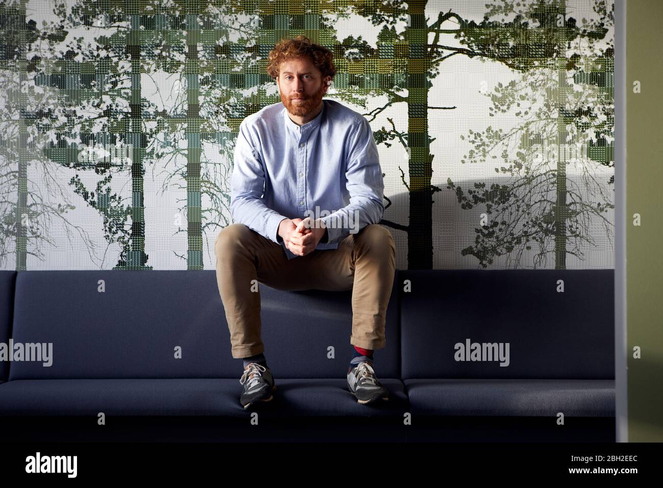 Porträt eines legeren Geschäftsmannes, der auf einer Couch sitzt, mit einem Bild von Bäumen an der Wand Stockfoto