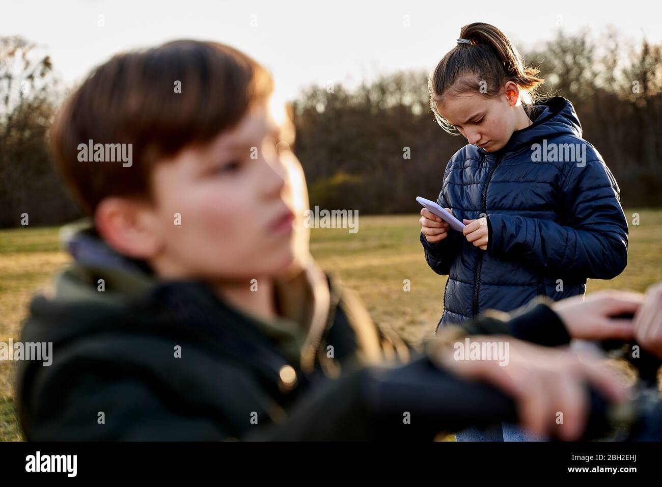 Bruder und Schwester mit Handy auf einer Wiese Stockfoto