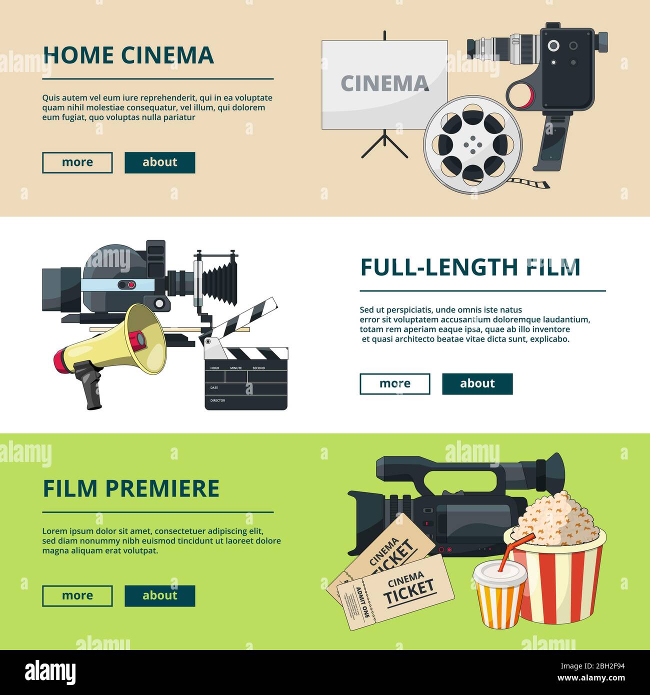 Horizontale Banner mit Kino-Kompositionen. Video Entertainment Bilder. Heimkino- und Videokamera, Klapper- und Banner-Kinematographie-Produkt Stock Vektor