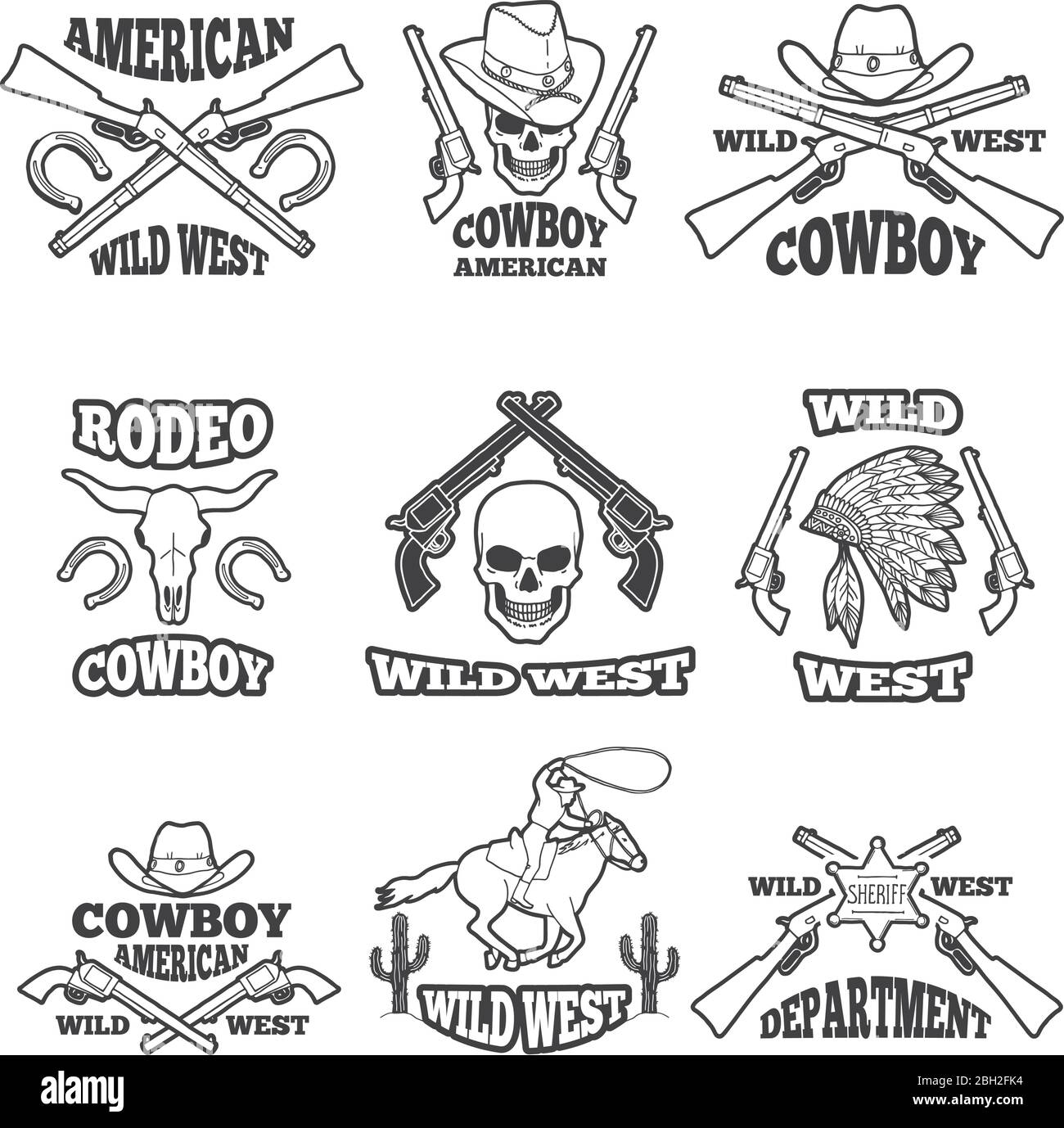Design Vorlage von wilden Westen Abzeichen. WESTERN Thema der Etiketten mit Platz für Ihren Text. Wild West Emblem, Western Cowboy und Revolver Label. Vektor Abb. Stock Vektor