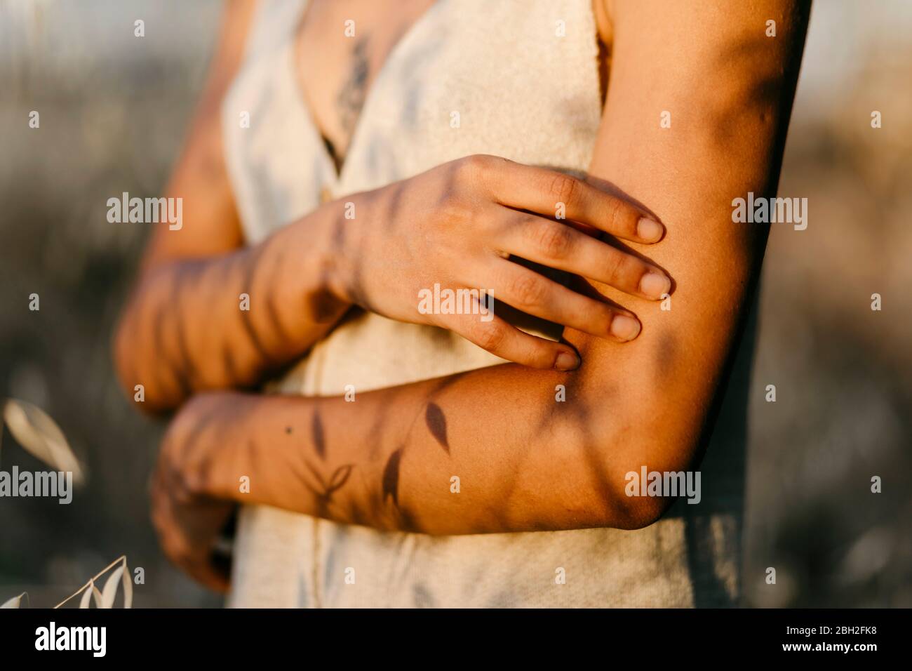 Crop-Ansicht der Frau bei Sonnenuntergang mit Schatten der Blätter auf ihren Armen Stockfoto