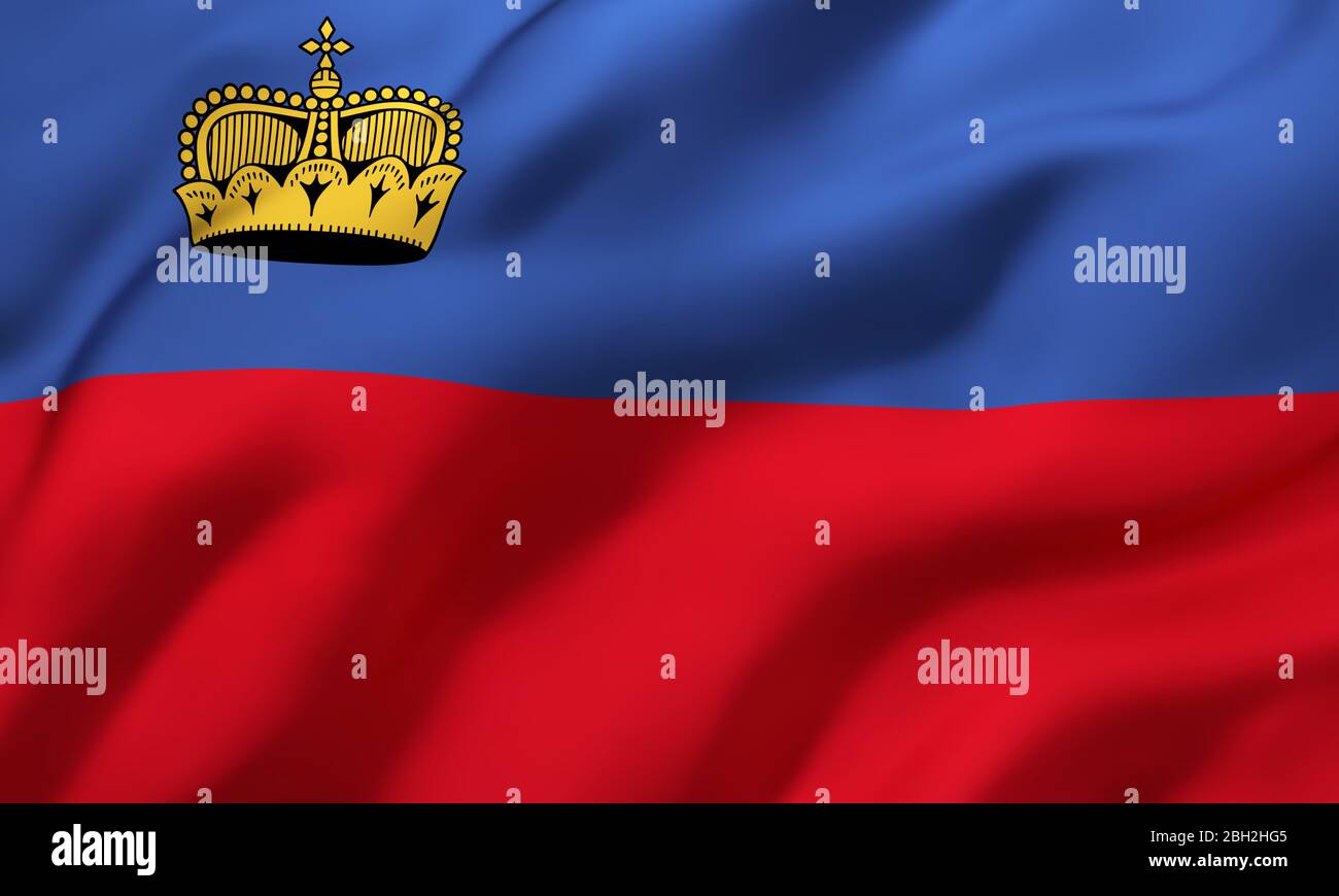 Flagge von Liechtenstein weht im Wind. Ganze Seite Liechtenstein Flugflagge. 3D-Darstellung. Stockfoto
